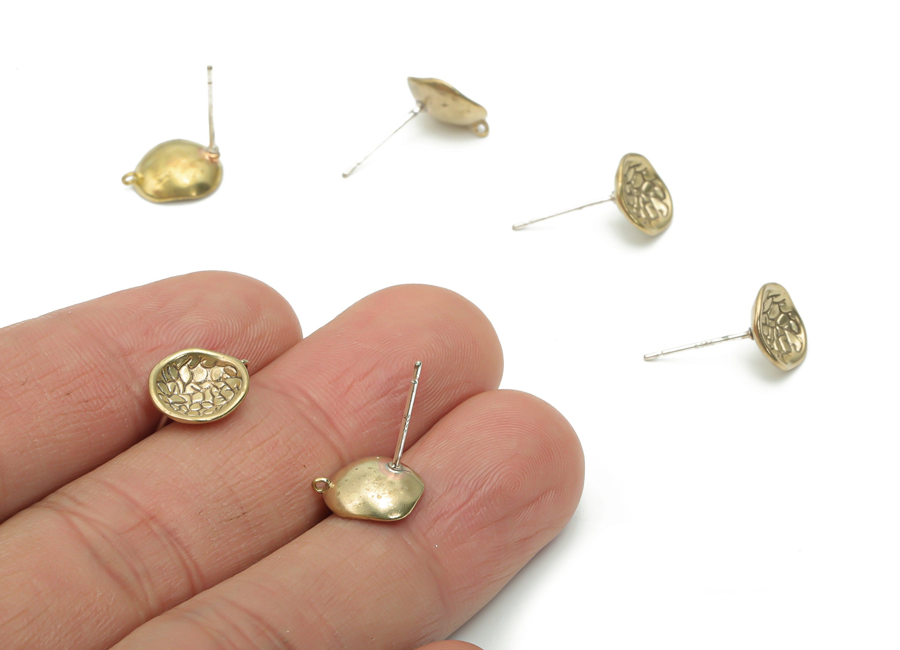 Brass Hammered Round Earring Stud - Raw Brass Circle Earring Post - Silver Plated Brass Stud - Jewelry Supplies - 10.96x9.49x1.5mm - PP5108 - DOMEDBAZAAR