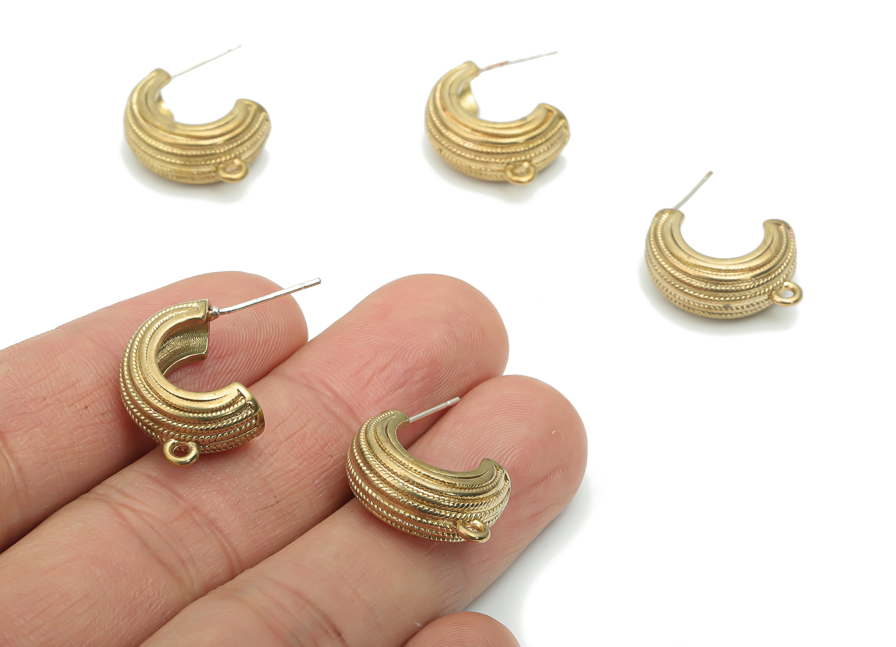 Brass Texture C Earring Stud With Loop - Raw Brass C Earring Post - Open Hoop Stud - Silver Plated Brass Stud - 17.25x12.66x1.49mm - PP5112 - DOMEDBAZAAR