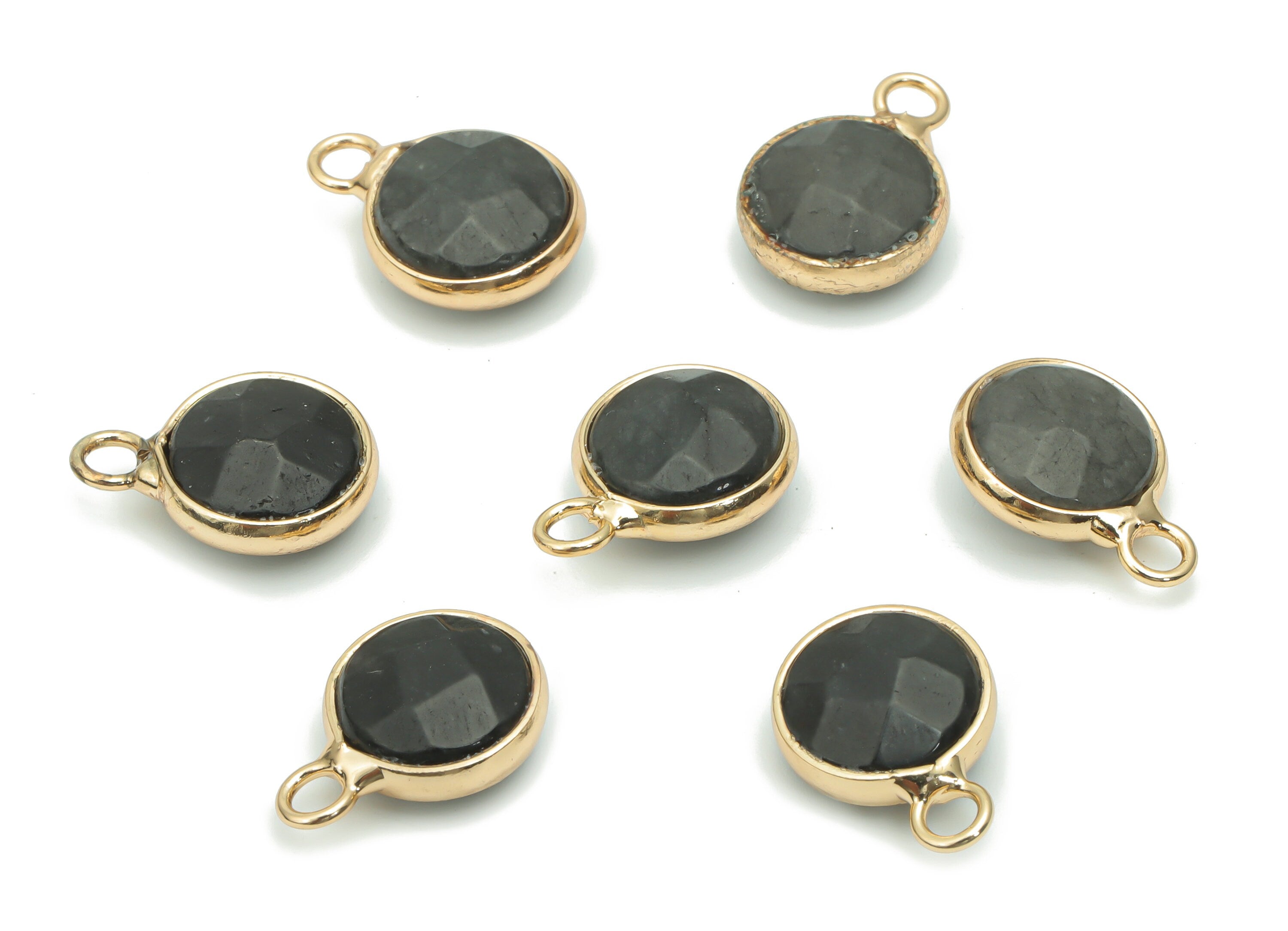 Black Rough Stone Round Charms - Brass Circle Pendant - Natural Stone - Gold Tone Plated Brass – Faceted Stone - 15.78x11.7x5.9mm–NS1597A - DOMEDBAZAAR