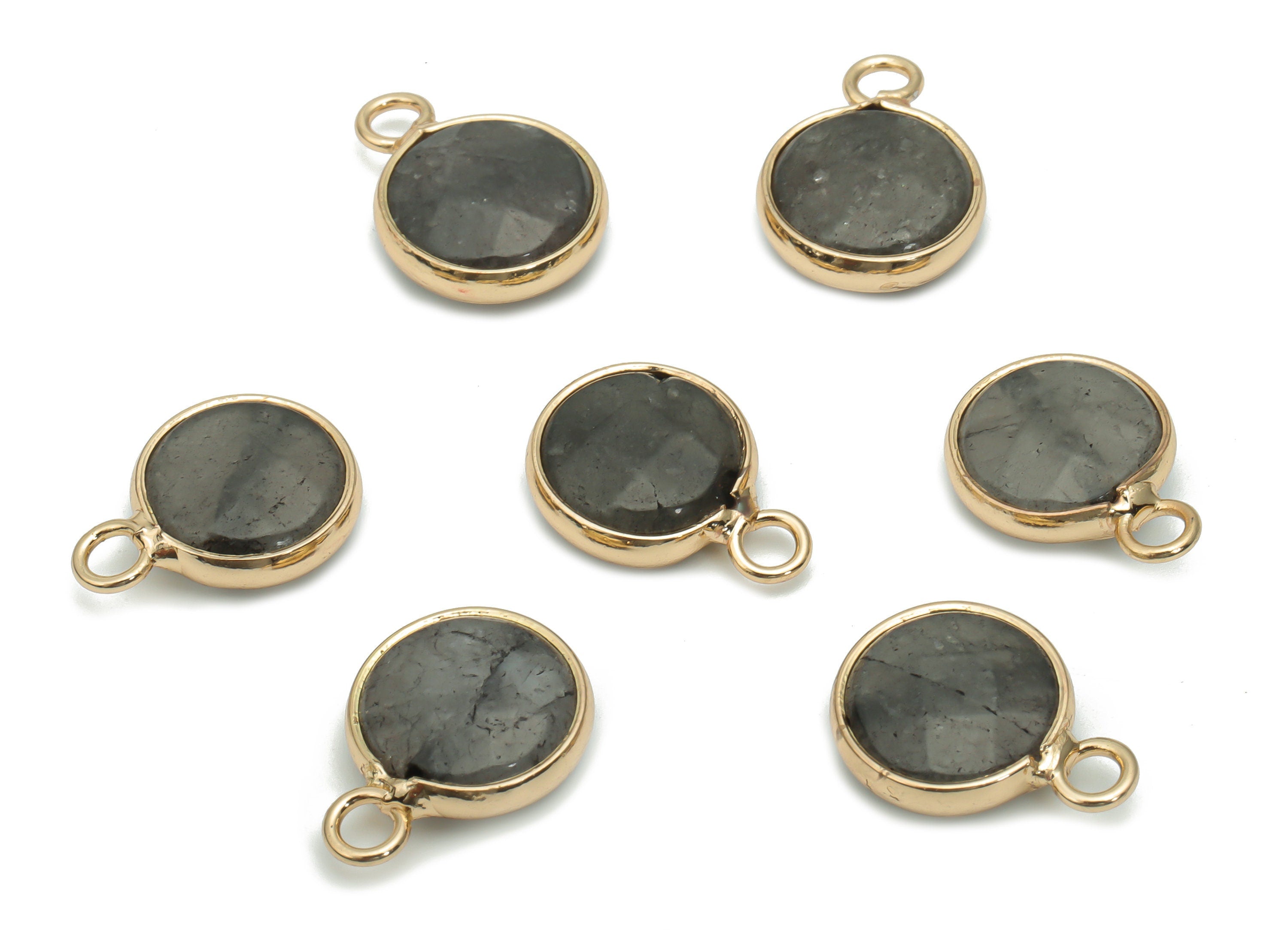 Light Black Rough Stone Round Earring Charms - Brass Circle Pendant - Faceted Stone - Gold Tone Plated Brass – 15.78x11.69x5.87mm – NS1597B - DOMEDBAZAAR