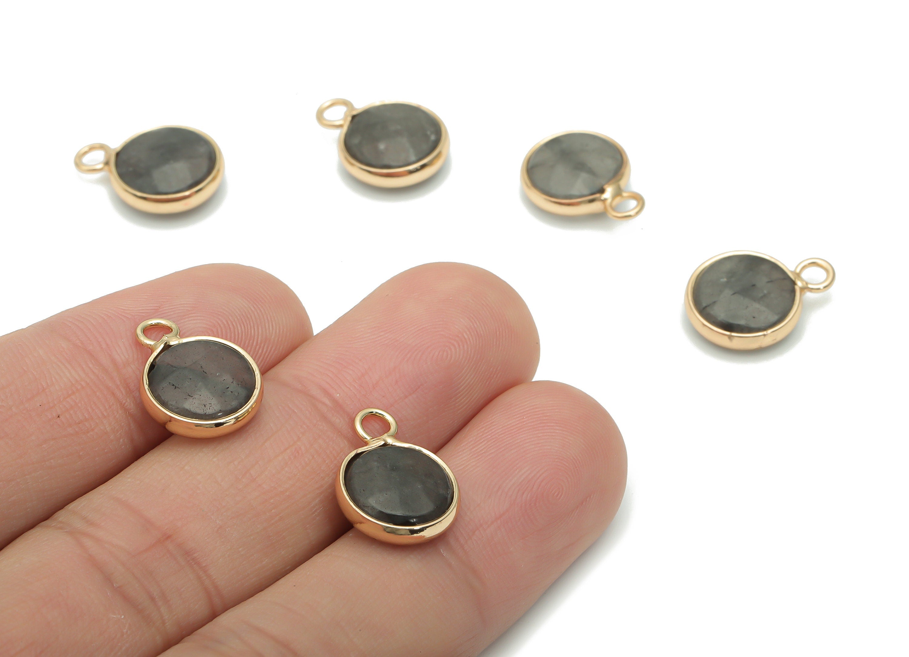 Light Black Rough Stone Round Earring Charms - Brass Circle Pendant - Faceted Stone - Gold Tone Plated Brass – 15.78x11.69x5.87mm – NS1597B - DOMEDBAZAAR