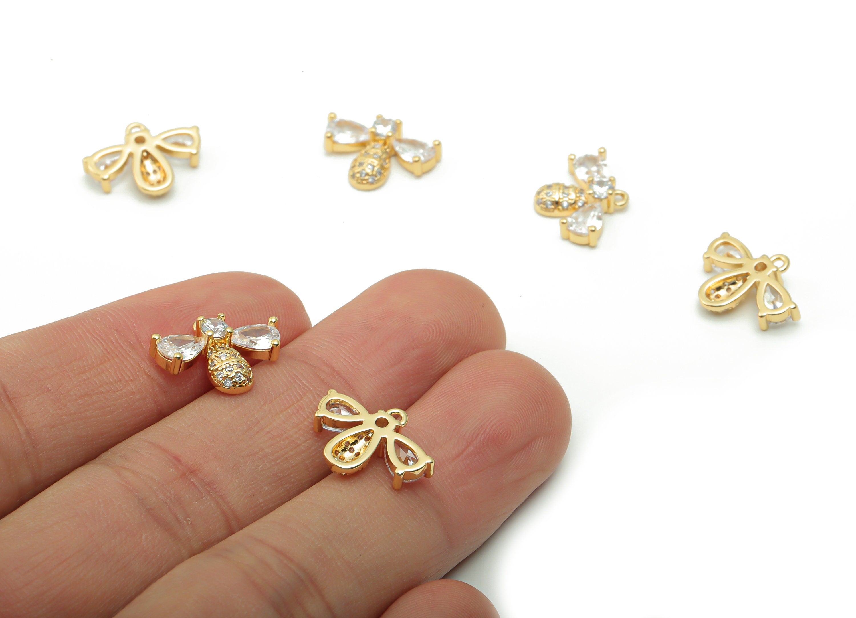 Brass Bee Earring Charms With Zircons - Gold Bee Pendant - 18K Real Gold Plated Brass - Jewelry Supplies - 14.98x11.62x2.88mm - RGP4195 - DOMEDBAZAAR