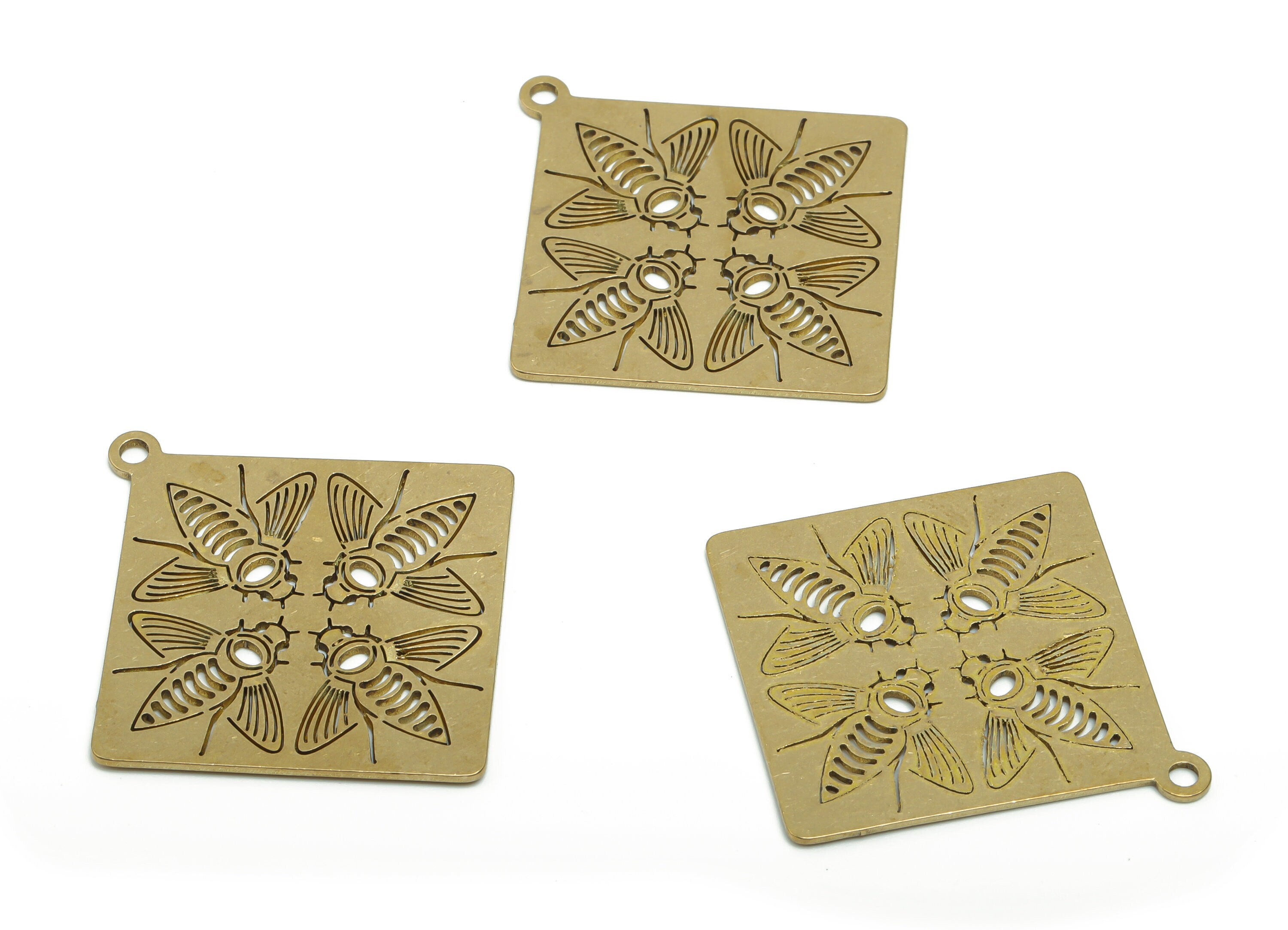 Brass Square Four Bees Earring Charms - Raw Brass Square Four Bees Pendant - Jewelry Making Supplies - 40.2x37.79x0.78mm - PPA0625 - DOMEDBAZAAR