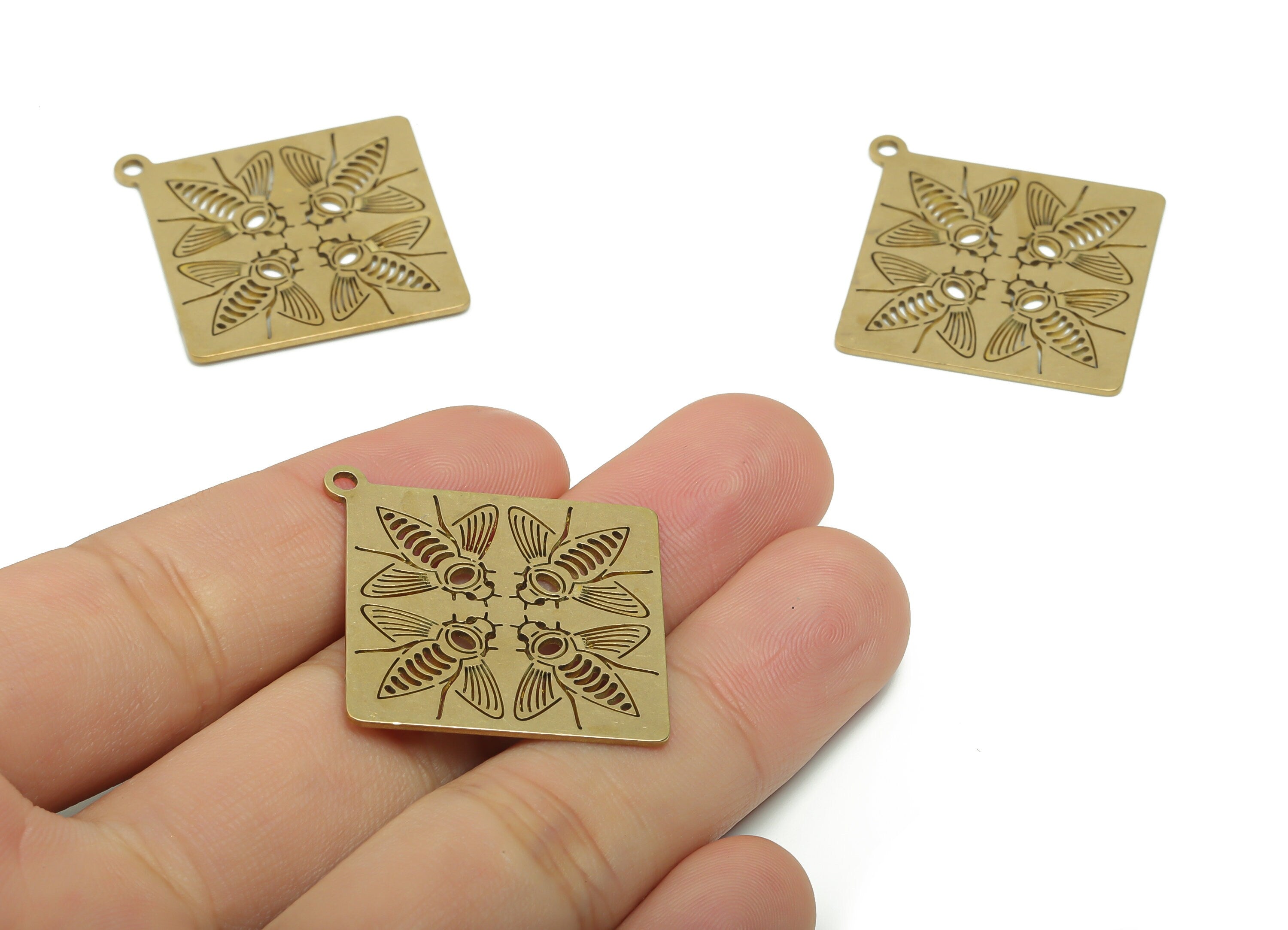 Brass Square Four Bees Earring Charms - Raw Brass Square Four Bees Pendant - Jewelry Making Supplies - 40.2x37.79x0.78mm - PPA0625 - DOMEDBAZAAR