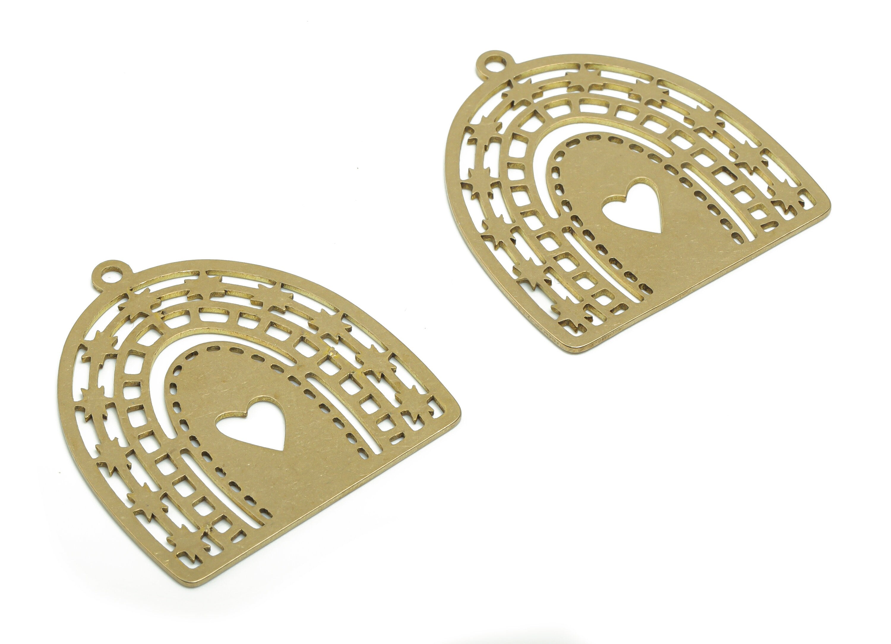 Brass Rainbow Domed Earring Charms - Raw Brass Rainbow Heart Star Pendant - Jewelry Making Supplies - 34.79x31.55x0.74mm - PPZ0120 - DOMEDBAZAAR