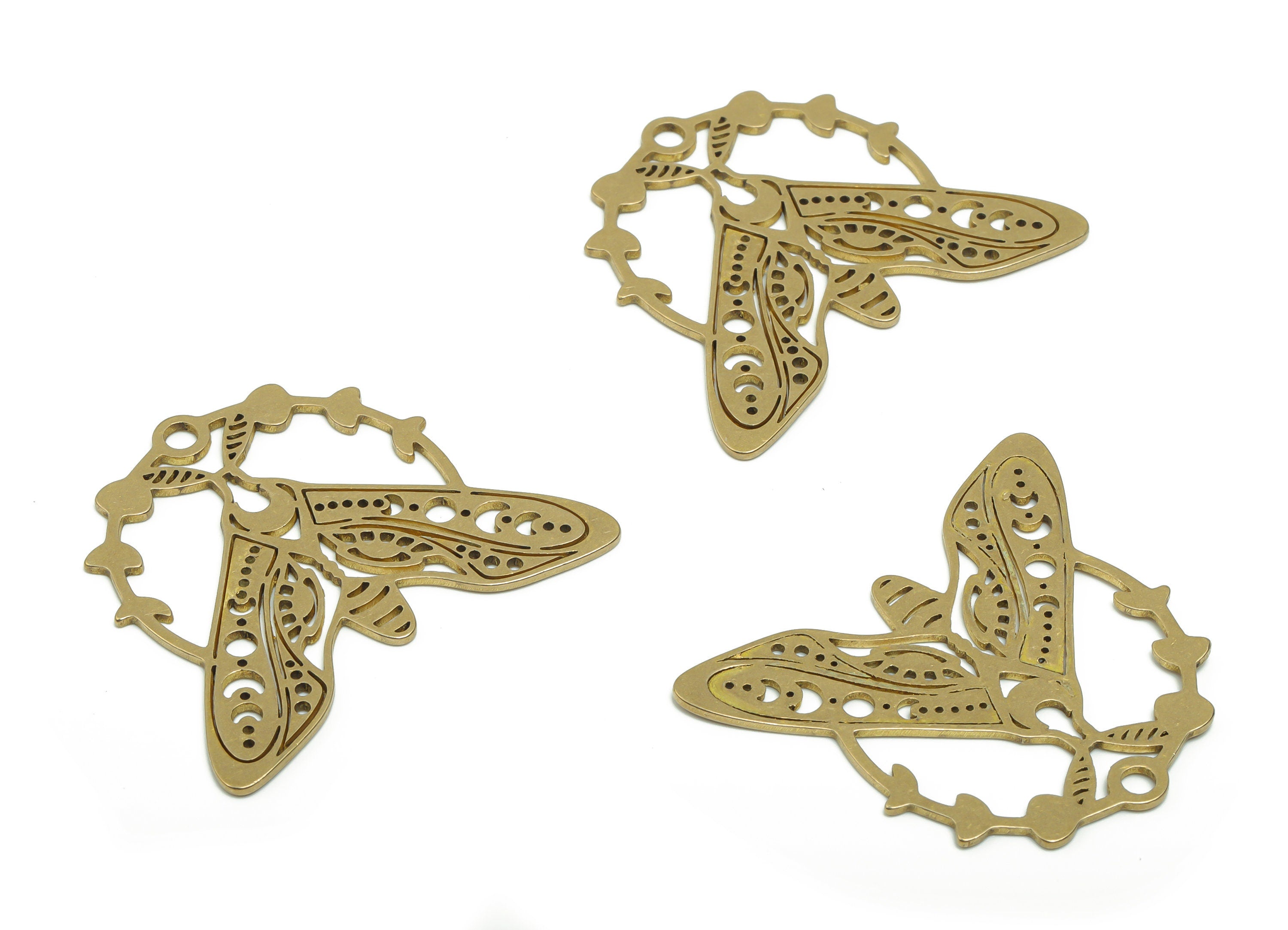Brass Moth Earring Charms - Raw Brass Moth Phase of Moon Pendant - Jewelry Making Supplies - 37.8x33.02x0.86mm - PPZ0103 - DOMEDBAZAAR