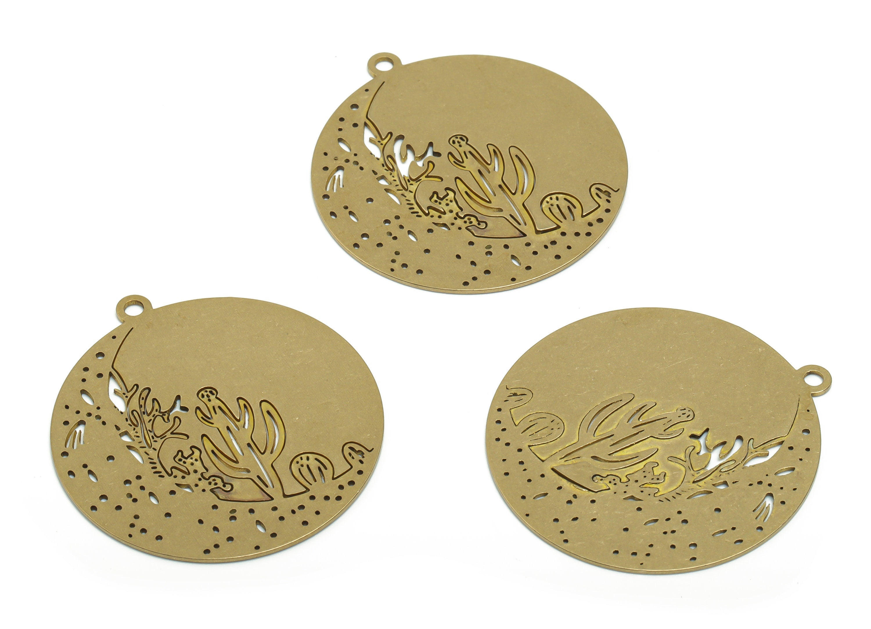 Brass Round Desert Cactus Earring Charms - Raw Brass Desert Cactus Circle Pendant - Jewelry Making Supplies - 37.82x34.87x0.62mm - PPA0356 - DOMEDBAZAAR