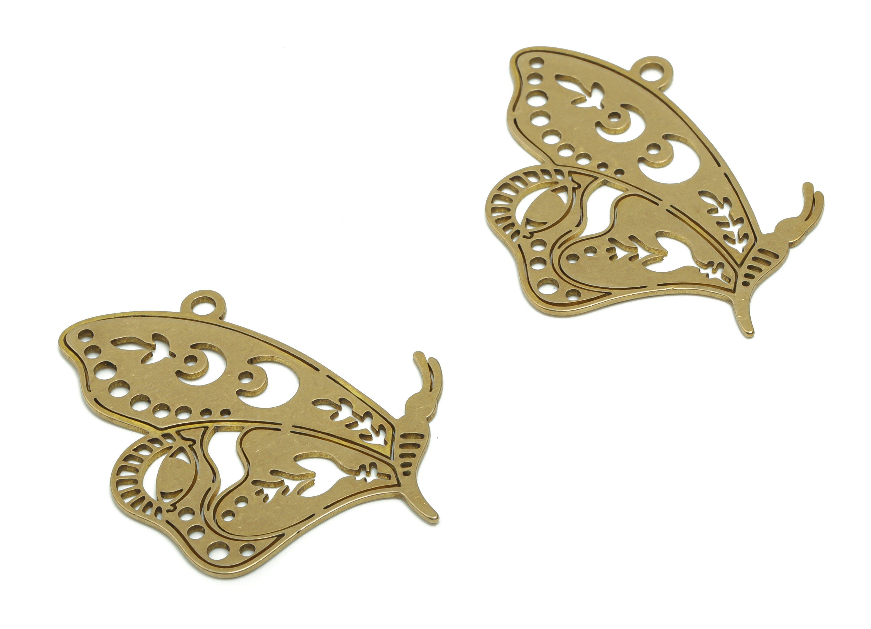 Brass Moth Eye Earring Charms - Raw Brass Butterfly Moon Branch Pendant - Jewelry Making Supplies - 38.2x28.13x0.66mm - PPZ0094 - DOMEDBAZAAR