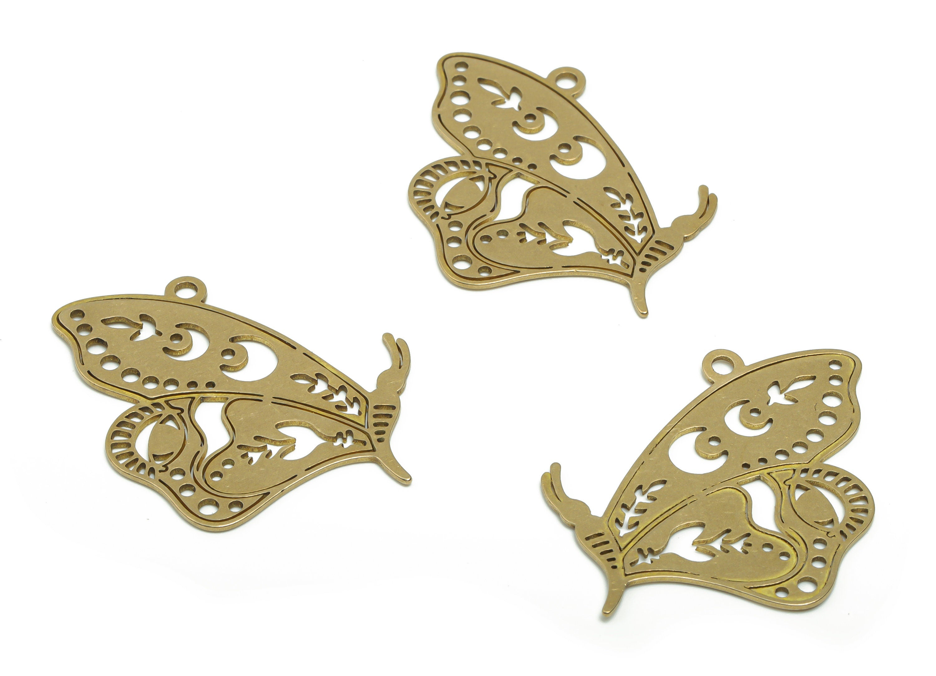 Brass Moth Eye Earring Charms - Raw Brass Butterfly Moon Branch Pendant - Jewelry Making Supplies - 38.2x28.13x0.66mm - PPZ0094 - DOMEDBAZAAR