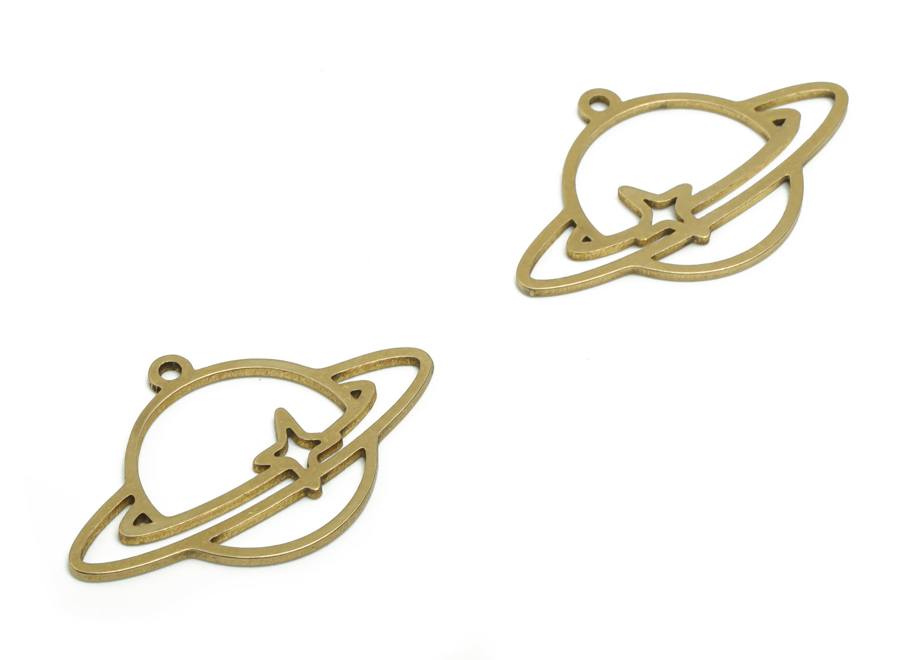 Brass Round Planet Earring Charms - Raw Brass Saturn Universe Pendant - Jewelry Making Supplies - 29.69x19.34x0.94mm - PPZ0095 - DOMEDBAZAAR