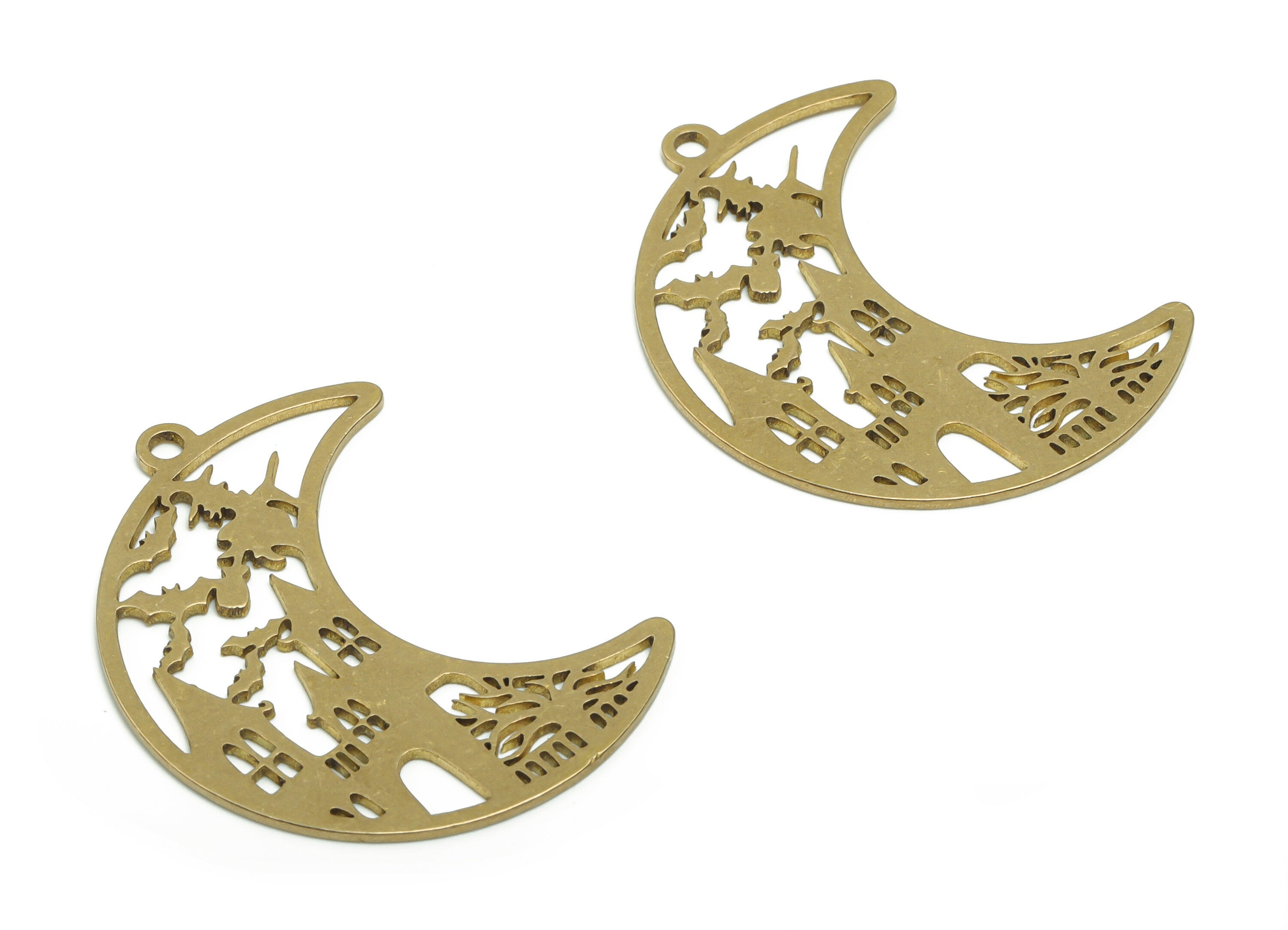 Brass Crescent House Bat Earring Charms - Raw Brass Dracula Moon Tree Pendant - Jewelry Making Supplies - 37.52x28.49x0.86mm - PPZ0092 - DOMEDBAZAAR