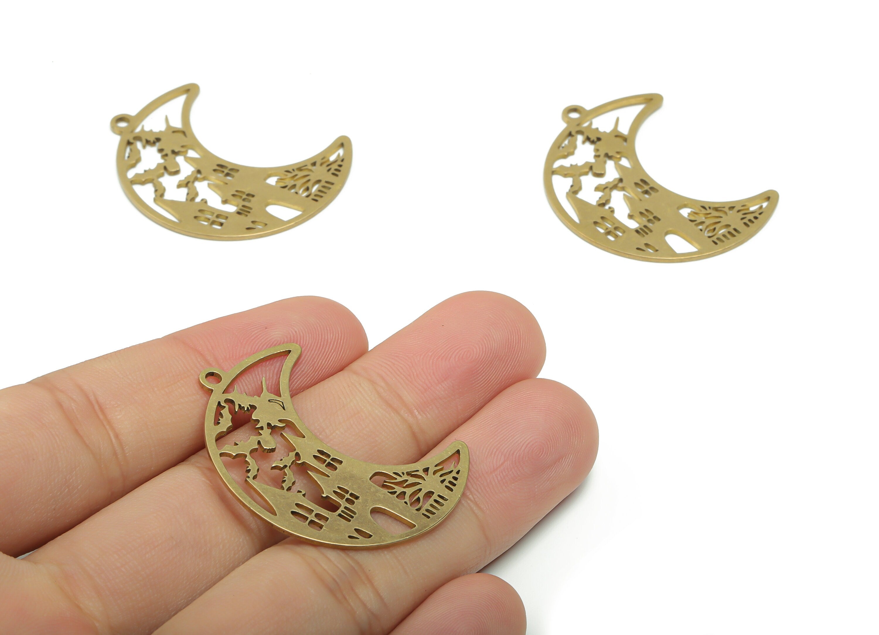 Brass Crescent House Bat Earring Charms - Raw Brass Dracula Moon Tree Pendant - Jewelry Making Supplies - 37.52x28.49x0.86mm - PPZ0092 - DOMEDBAZAAR