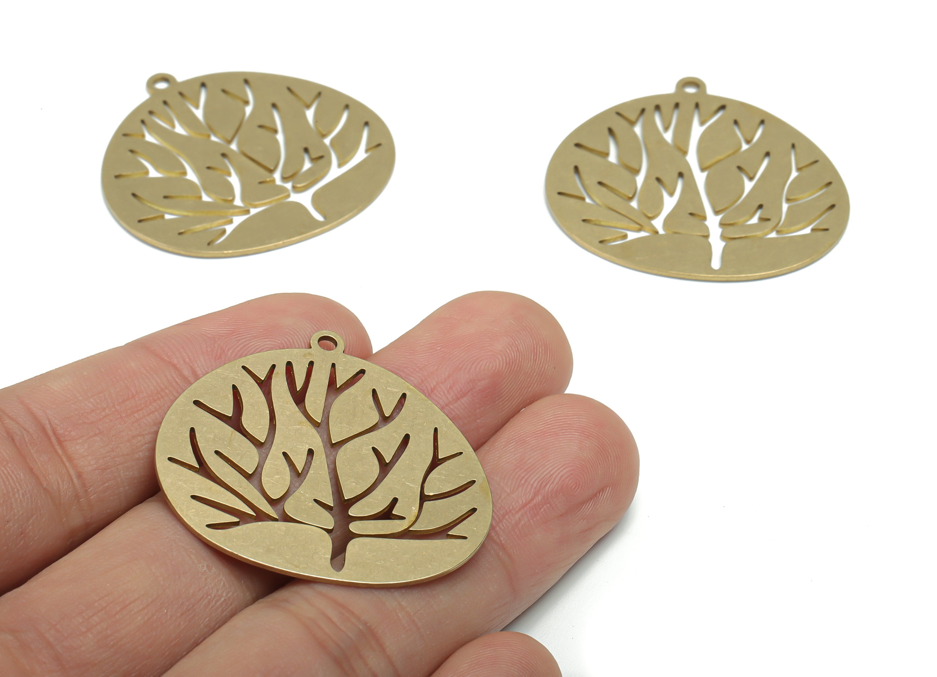 Brass Round Branches Life Tree Earring Charms - Raw Brass Tree Circle Pendant - Jewelry Making Supplies - 35.8x35.26x0.75mm - PPA1831 - DOMEDBAZAAR