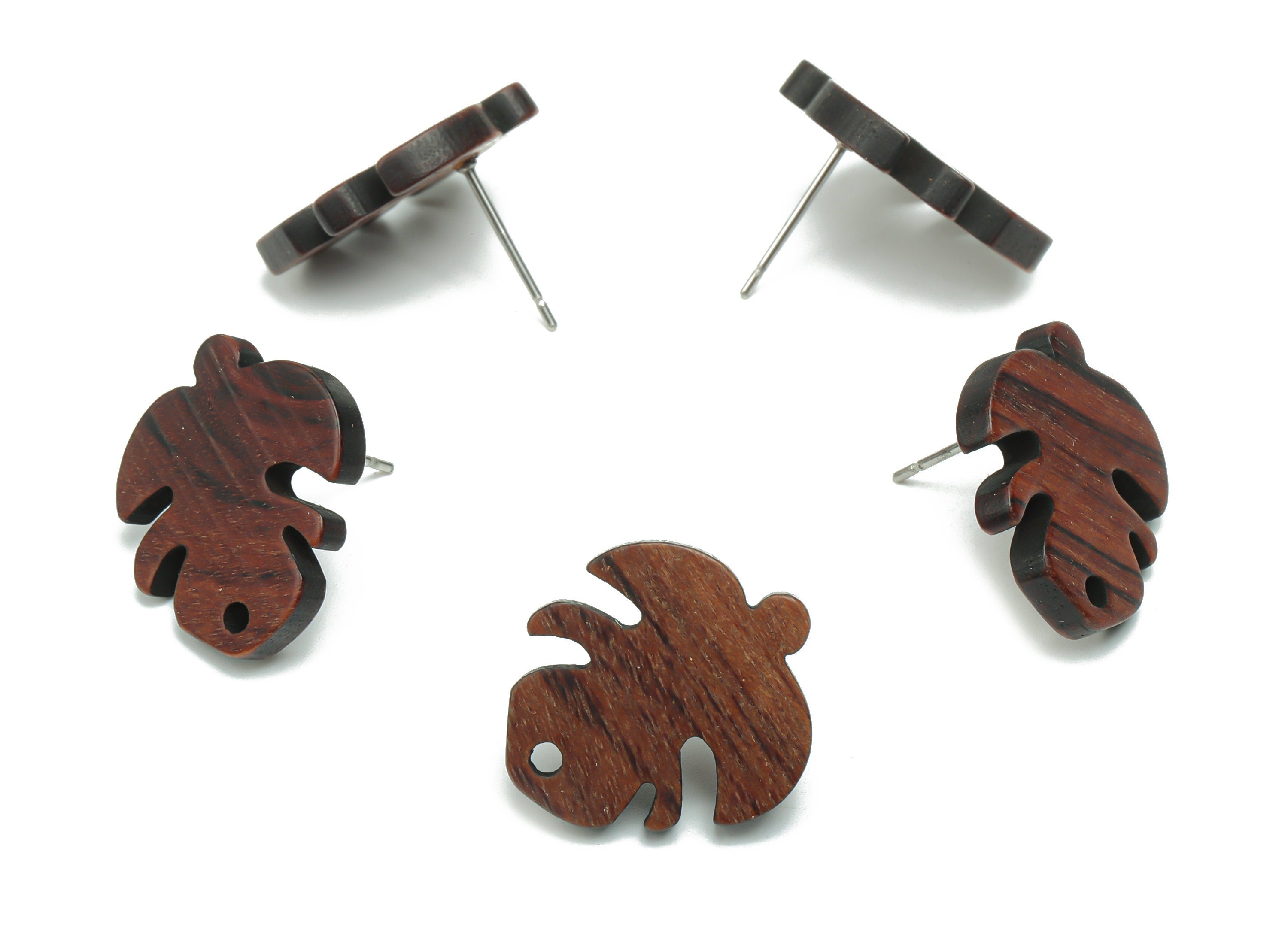 Natural Wood Monstera Earring Stud - Leaf Earring Post - 316 Surgical Stainless Steel - Jewelry Supplies - 19.57x17.7x3.07mm - BB1170 - DOMEDBAZAAR