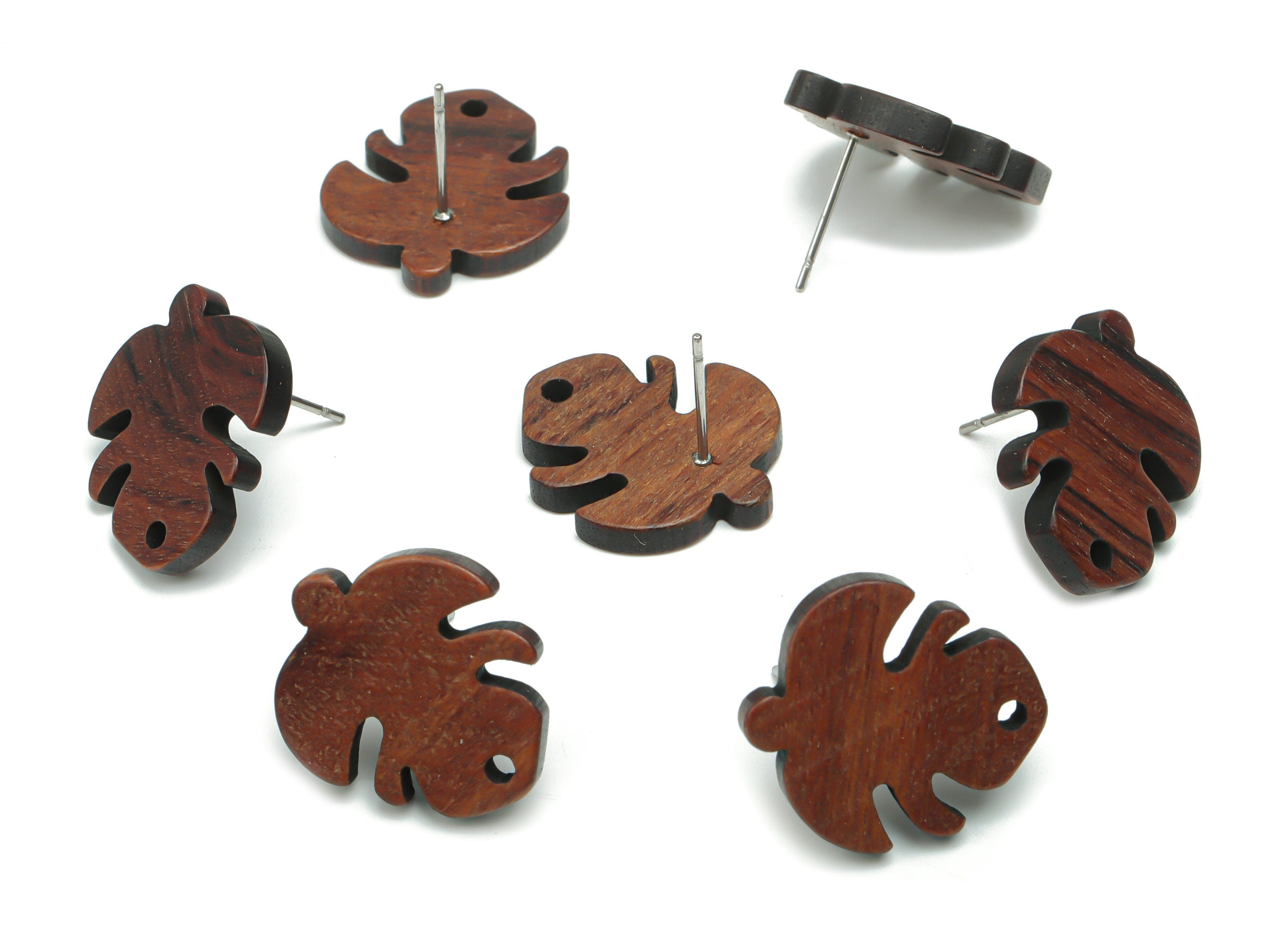 Natural Wood Monstera Earring Stud - Leaf Earring Post - 316 Surgical Stainless Steel - Jewelry Supplies - 19.57x17.7x3.07mm - BB1170 - DOMEDBAZAAR