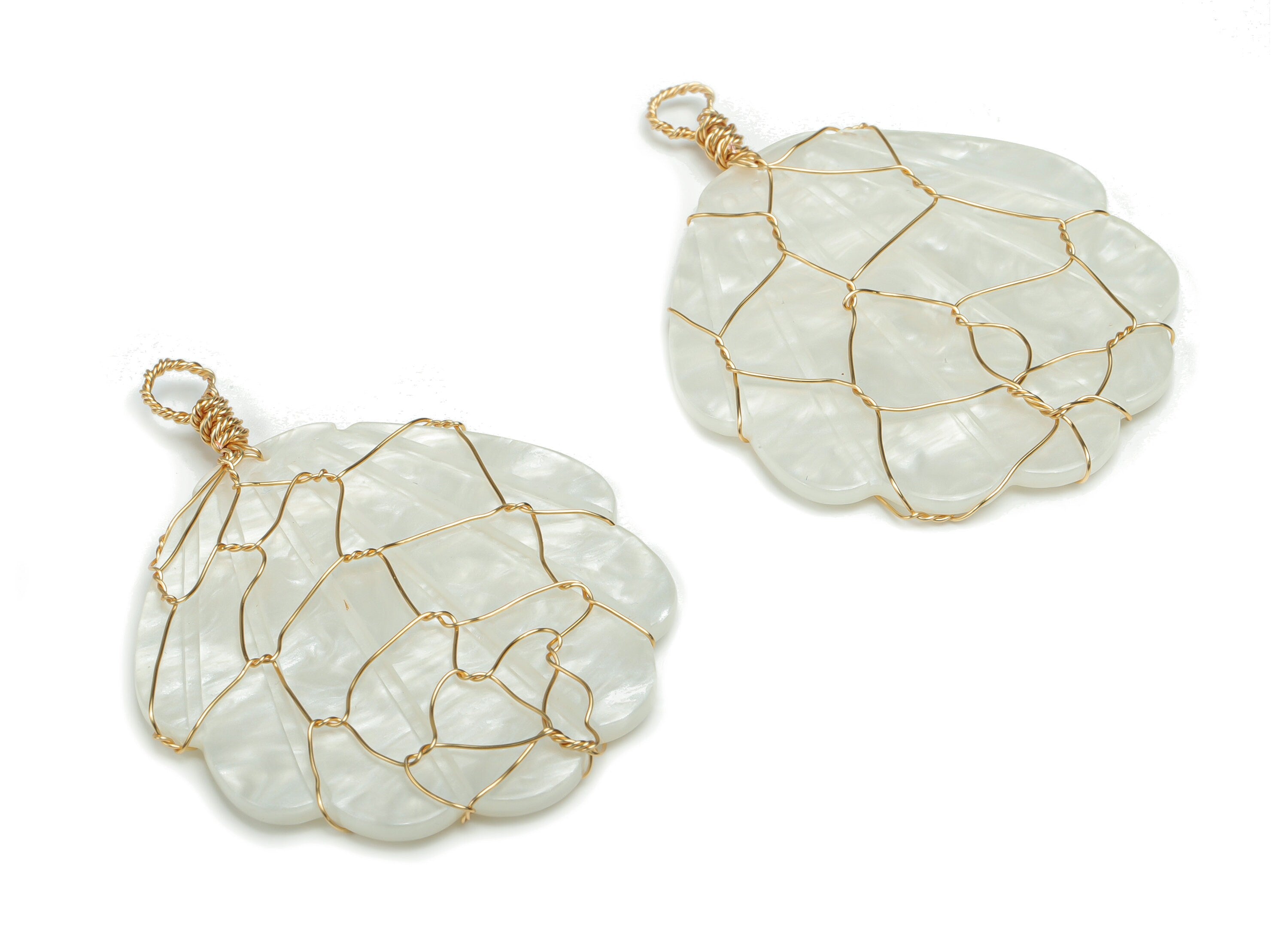 Acrylic Shell Earring Charms - Brass Wire Shell Pendant - Gold Brass Wire - Wire Wrapped - Color Code: A795 - 50.2x47.99x2.2mm -AC2414-A795 - DOMEDBAZAAR