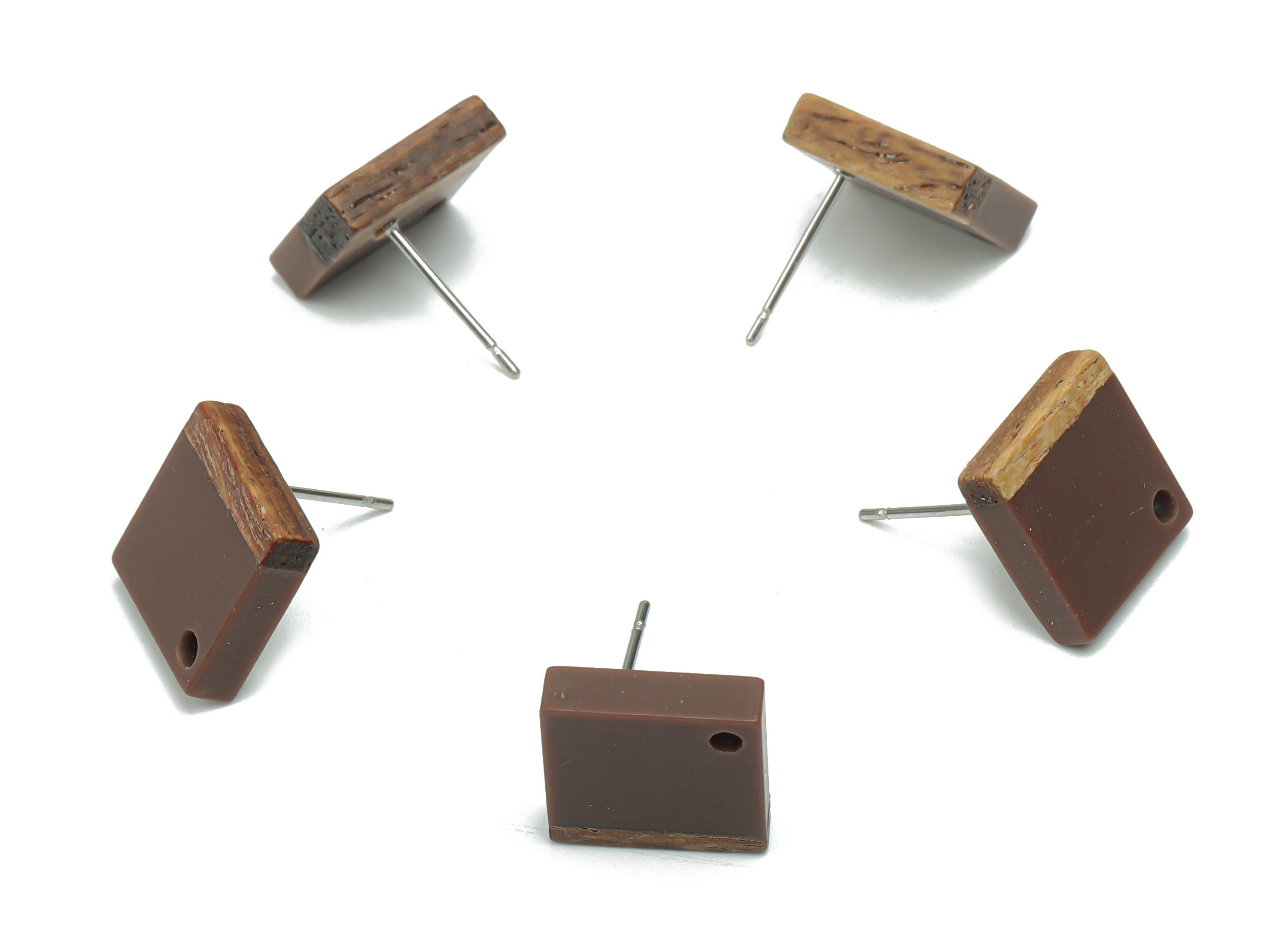 Natural Wood Square Earring Stud - Resin Square Post - 316 Surgical Stainless Steel - Jewelry Making Supplies - 11.96x11.88x3.52mm - BB1164B - DOMEDBAZAAR