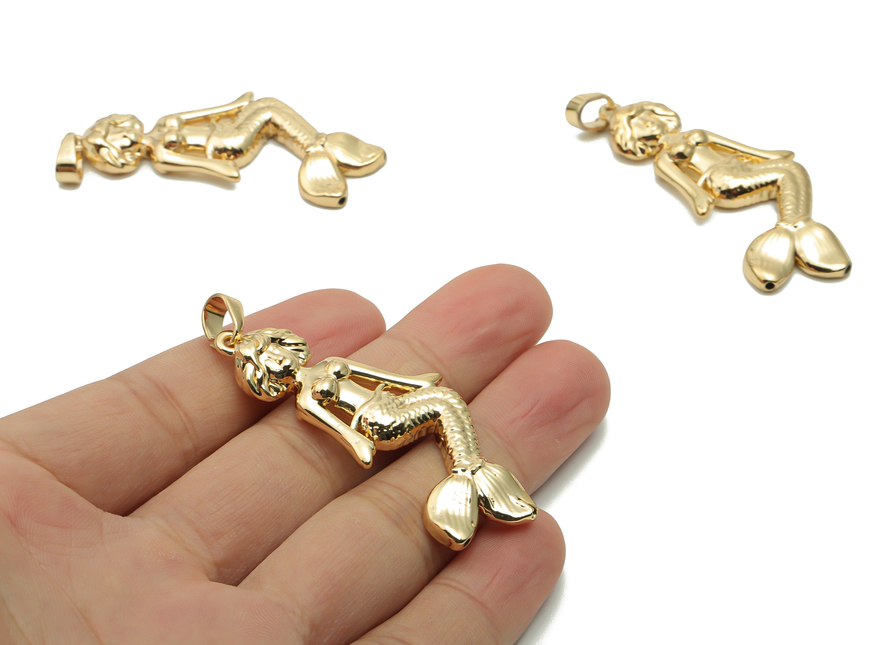 Brass Mermaid Earring Charms - Gold Mermaid Pendant - Gold Tone Plated Brass - Jewelry Making Supplies - 55.28x22.32x4.43mm - PP5080G - DOMEDBAZAAR