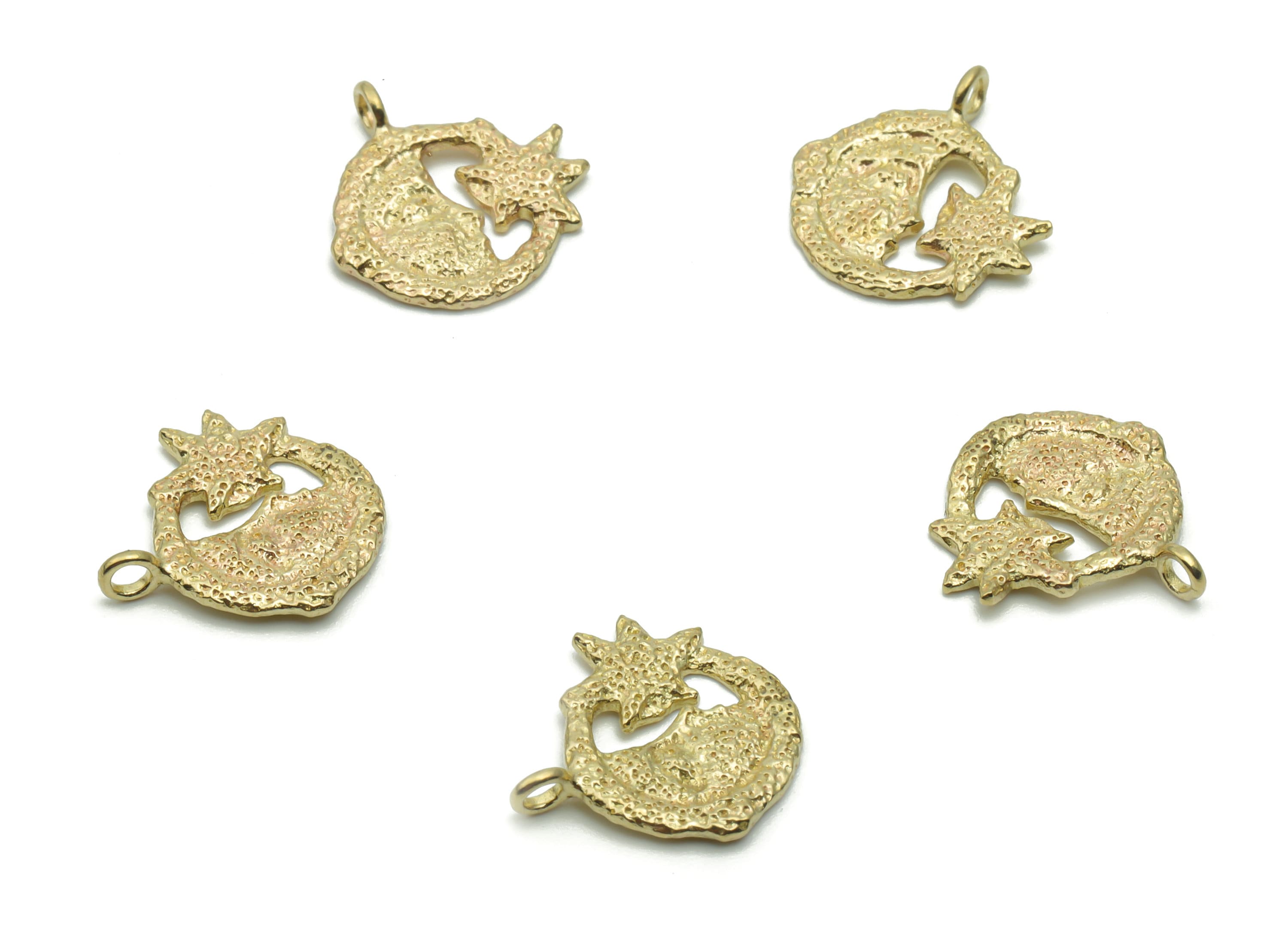 Brass Hammered Moon Face Star Earring Charms - Raw Brass Round Crescent Pendant - Jewelry Making Supplies - 14.1x13.41x1.08mm - PP5019 - DOMEDBAZAAR