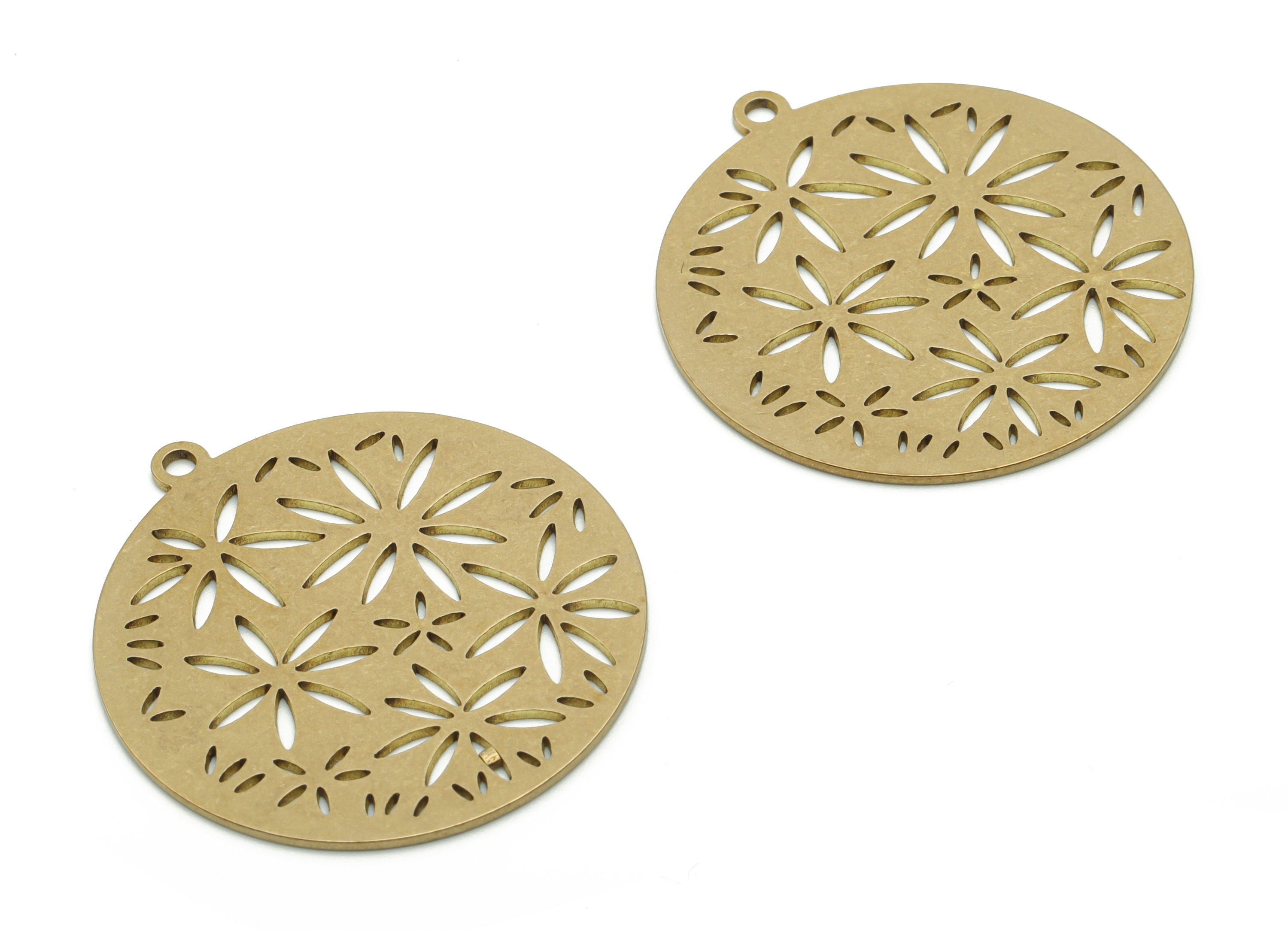 Brass Round Flowers Earring Charms - Raw Brass Flowers Circle Pendant - Jewelry Making Supplies - 34.77x31.94x0.75mm - PPA1051 - DOMEDBAZAAR