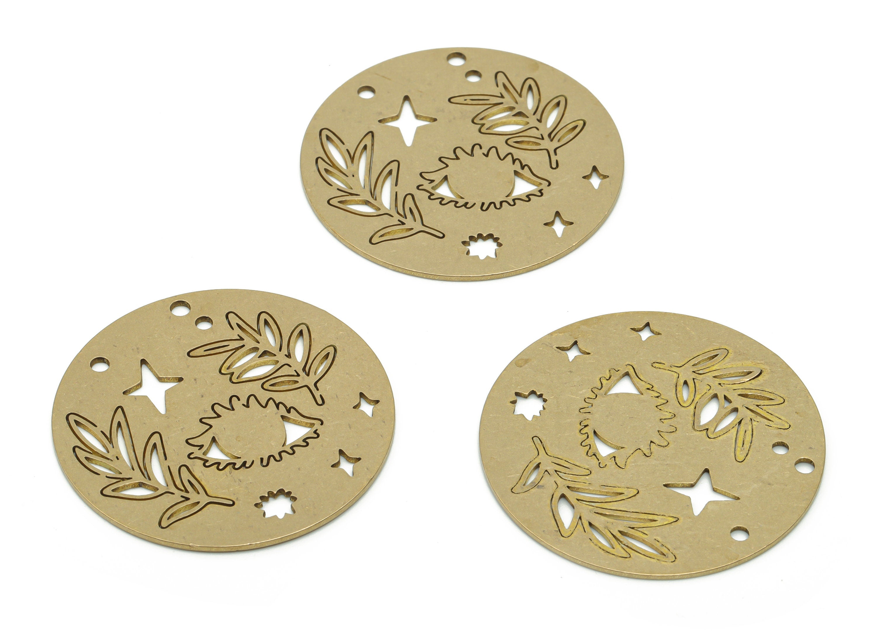 Brass Round Branch Planet Earring Charms - Raw Brass Circle Star Eye Pendant - Jewelry Making Supplies - 34.8x34.8x0.74mm - PPZ0110 - DOMEDBAZAAR