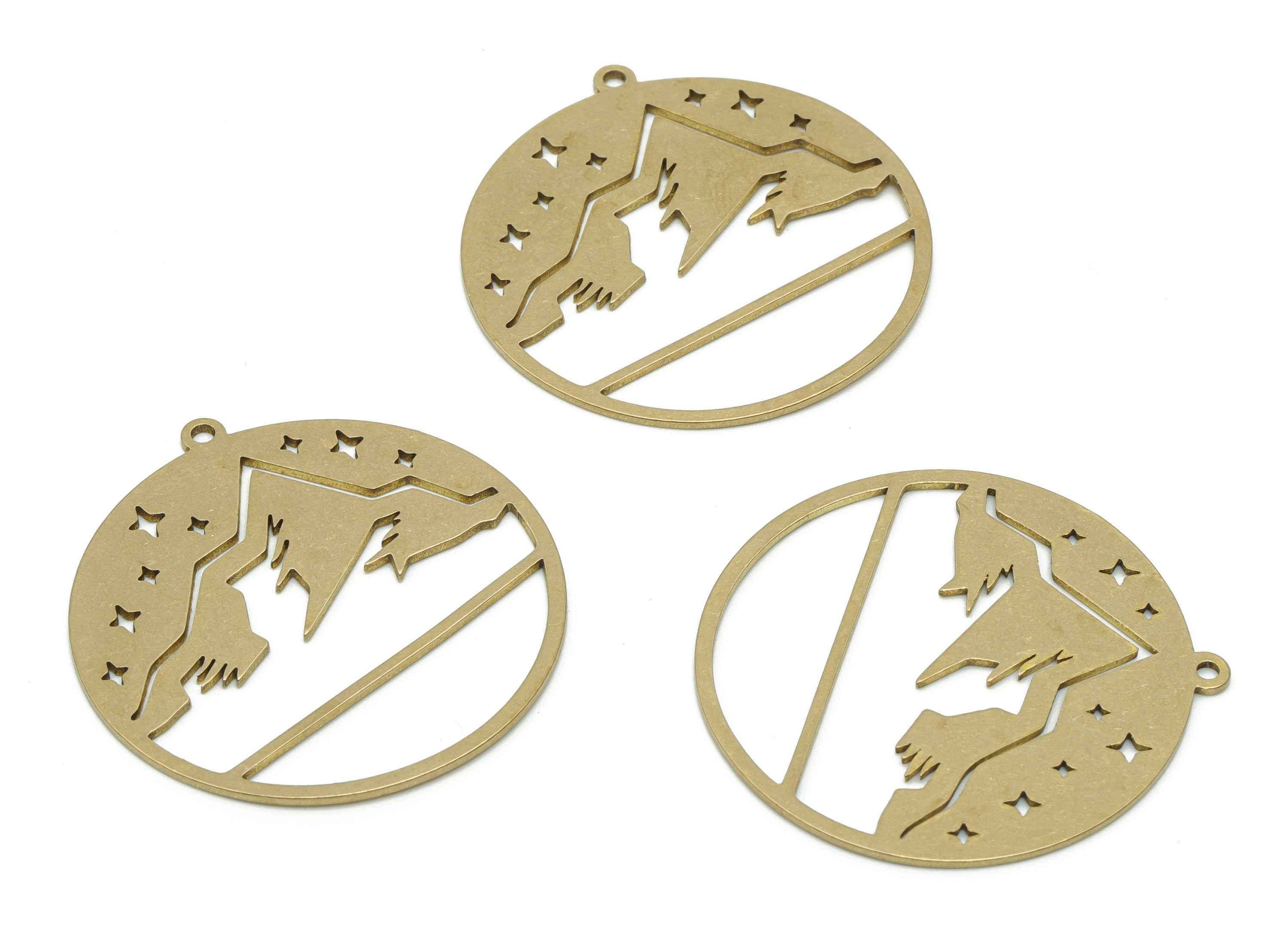 Brass Round Mountain Planet Earring Charms - Raw Brass Circle Mountain Star Pendant - Jewelry Making Supplies - 34.78x32.4x0.75mm - PPZ0127 - DOMEDBAZAAR