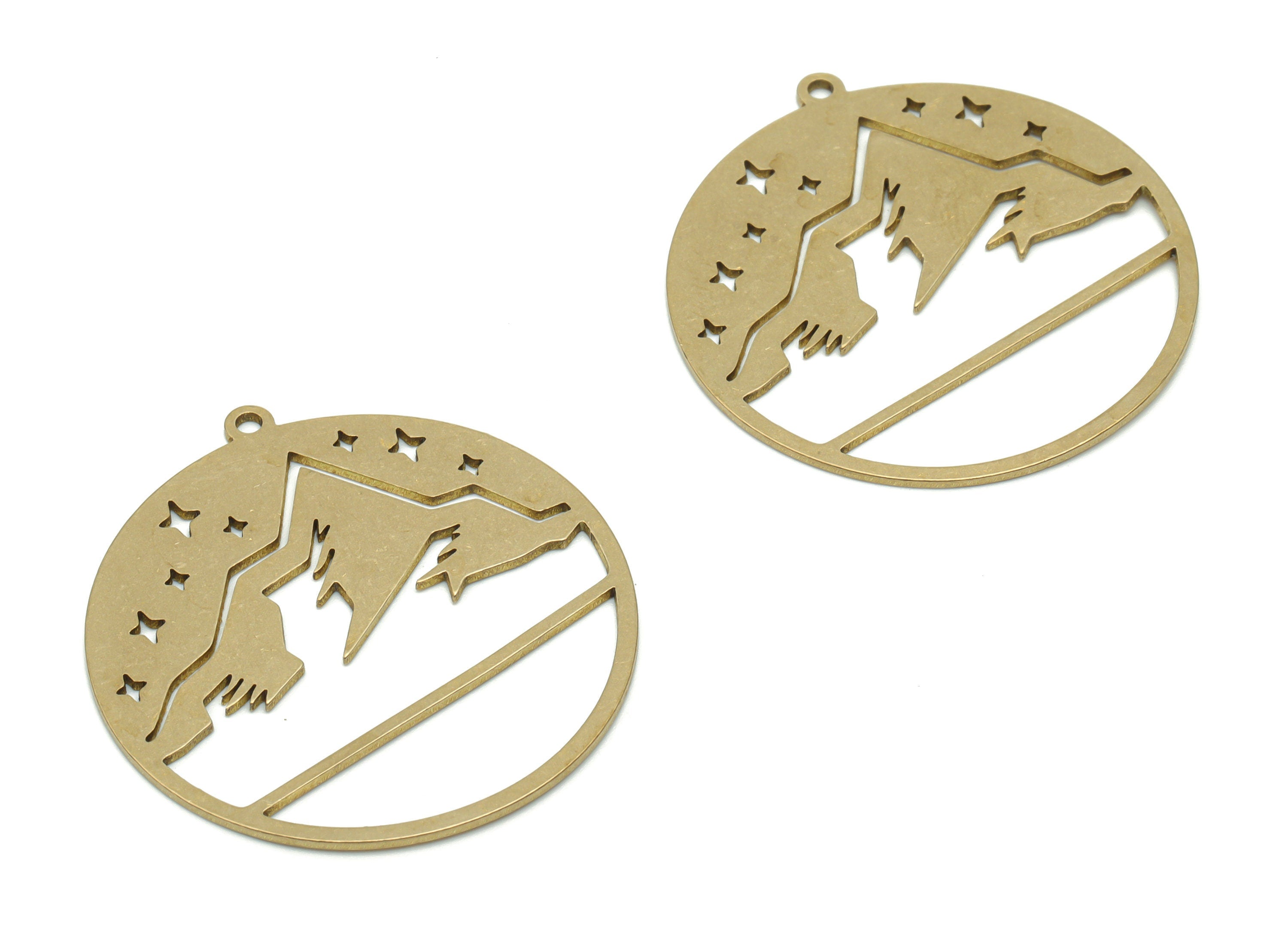 Brass Round Mountain Planet Earring Charms - Raw Brass Circle Mountain Star Pendant - Jewelry Making Supplies - 34.78x32.4x0.75mm - PPZ0127 - DOMEDBAZAAR