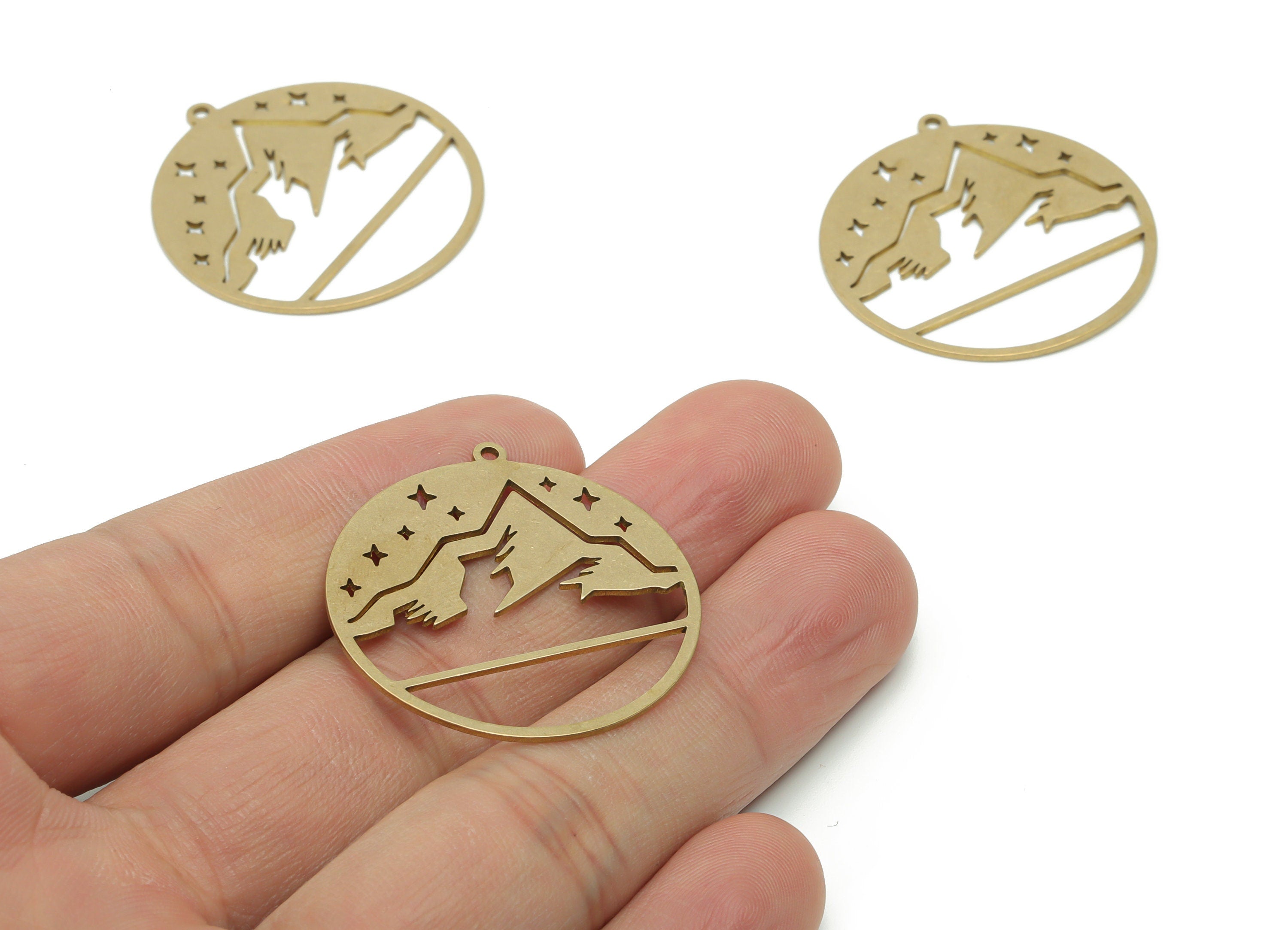 Brass Round Mountain Planet Earring Charms - Raw Brass Circle Mountain Star Pendant - Jewelry Making Supplies - 34.78x32.4x0.75mm - PPZ0127 - DOMEDBAZAAR