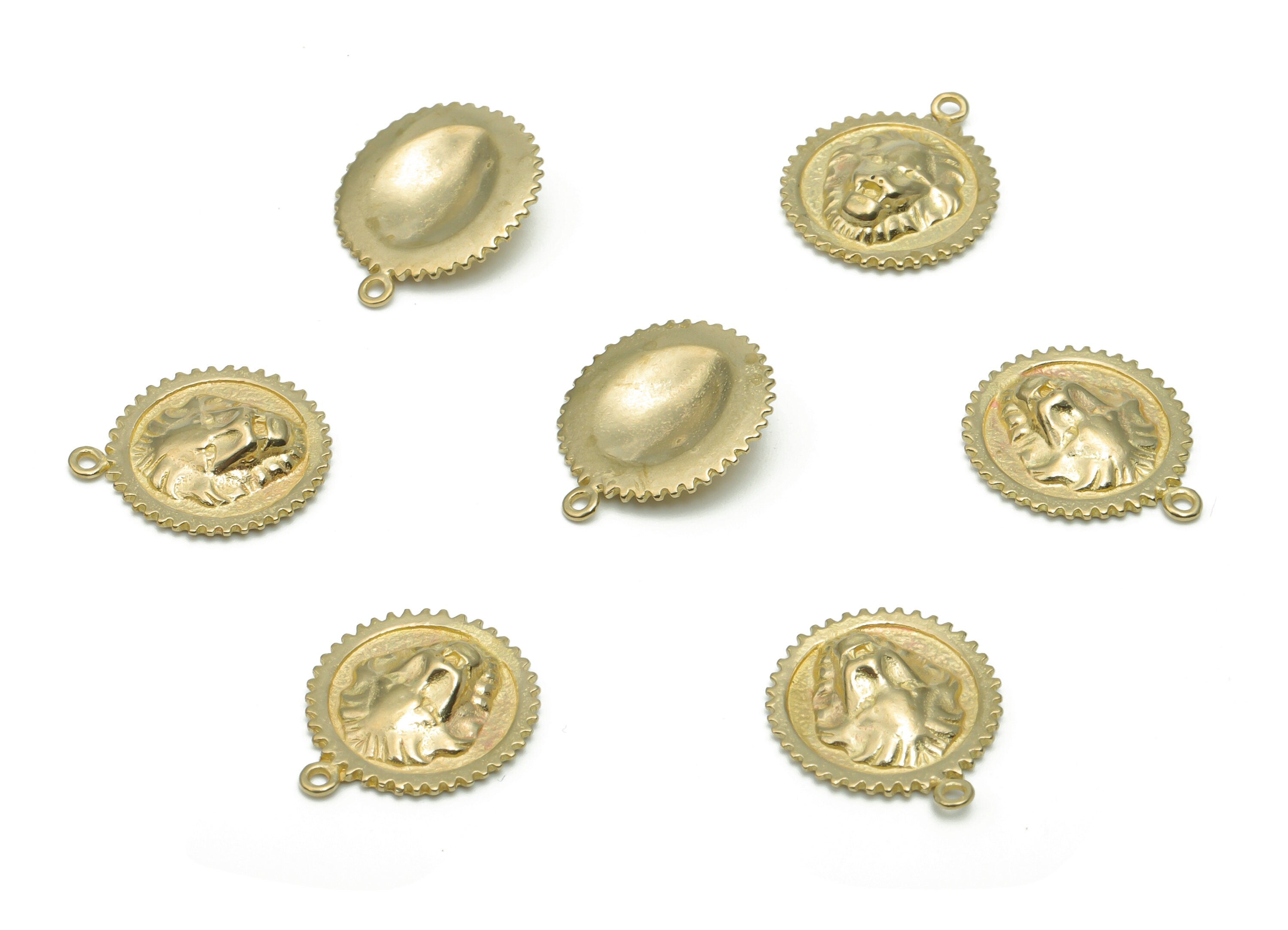 Brass Round Lion King Earring Charms - Raw Brass Beasts Circle Pendant - DIY Jewelry Making Supplies - 17.79x15.24x3.35mm - PP5013 - DOMEDBAZAAR