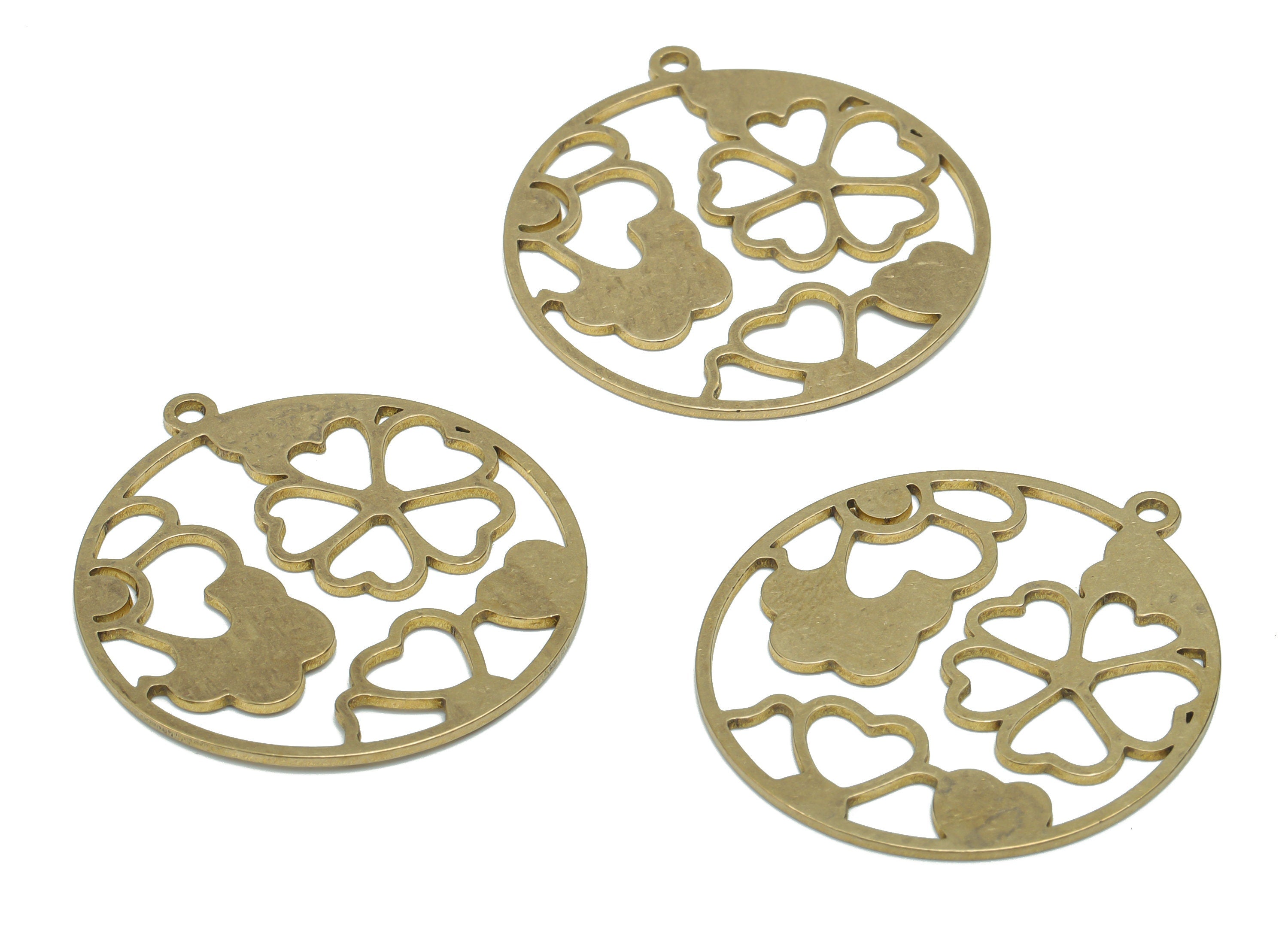 Brass Round Flower Earring Charms - Raw Brass Clover Heart Circle Pendant - Jewelry Making Supplies - 35.7x32.85x0.89mm - PPA1963 - DOMEDBAZAAR