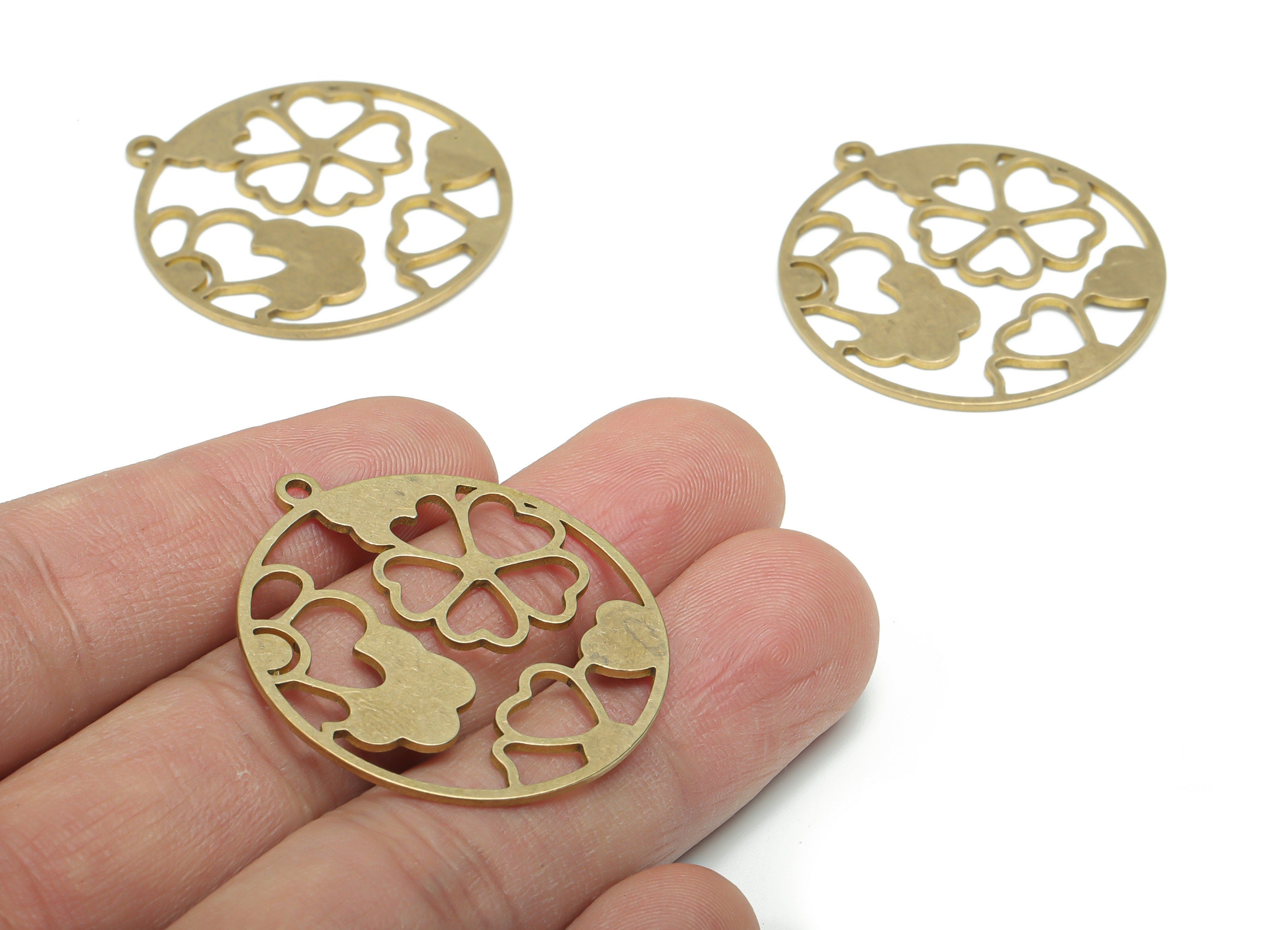 Brass Round Flower Earring Charms - Raw Brass Clover Heart Circle Pendant - Jewelry Making Supplies - 35.7x32.85x0.89mm - PPA1963 - DOMEDBAZAAR