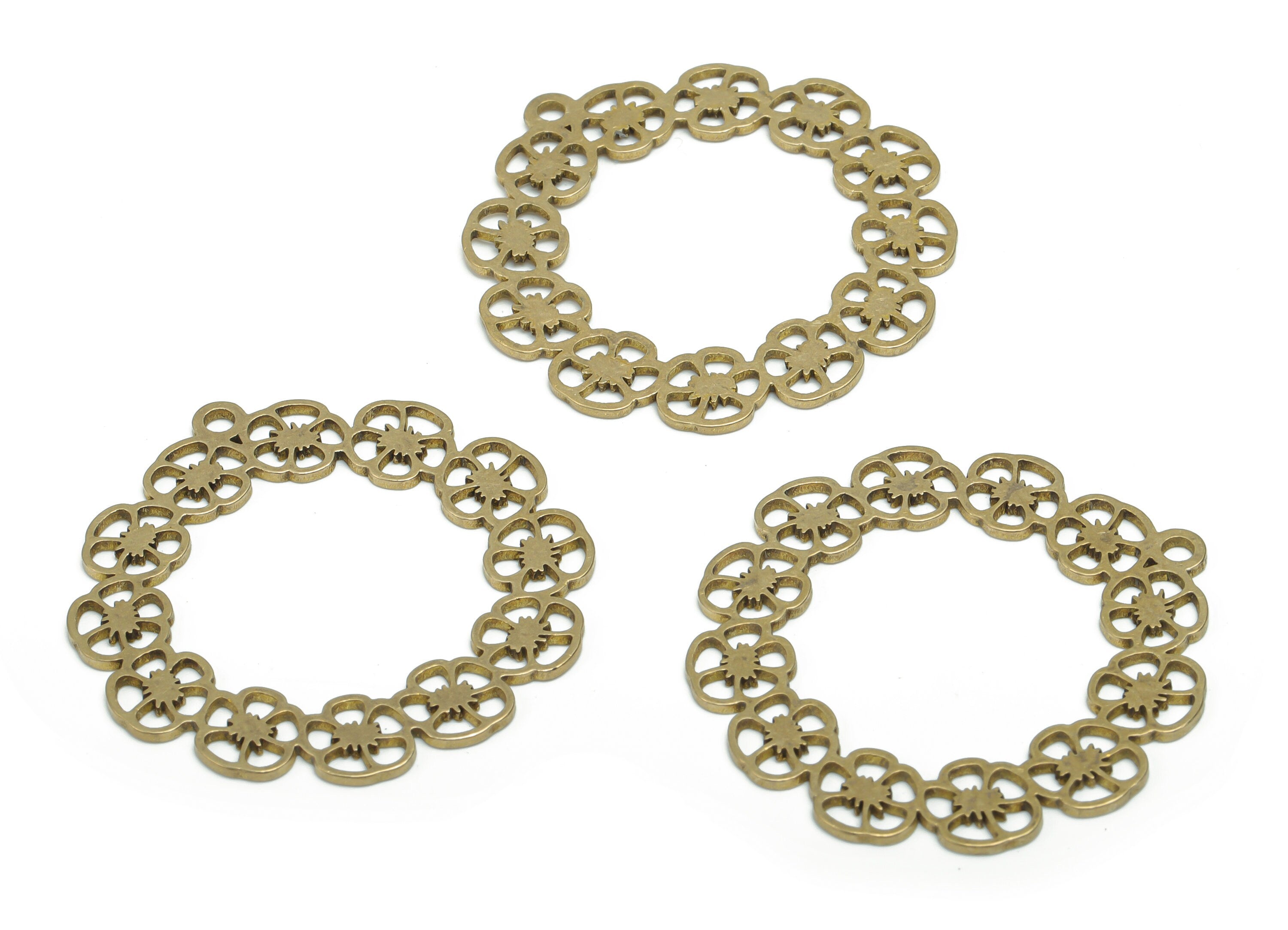 Brass Round Flowers Earring Charms - Raw Brass Branch Hoop Circle Pendant - Jewelry Making Supplies - 34.82x33.53x0.92mm - PPA2048 - DOMEDBAZAAR