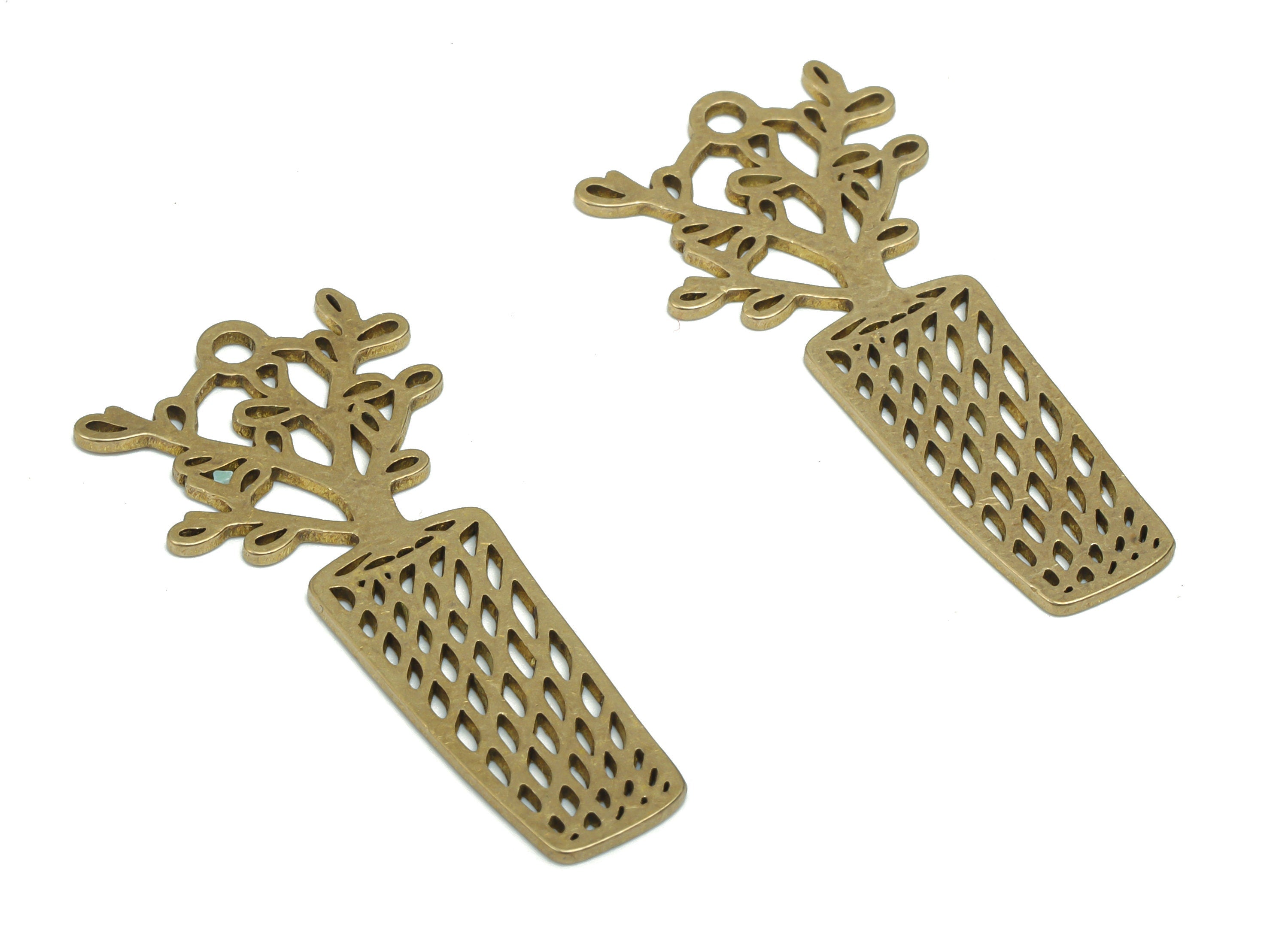 Brass Bubble Flower Earring Charms - Raw Brass Bubble Flowerpot Pendant - DIY Jewelry Making Supplies - 37.87x17.82x0.87mm - PPA2027 - DOMEDBAZAAR