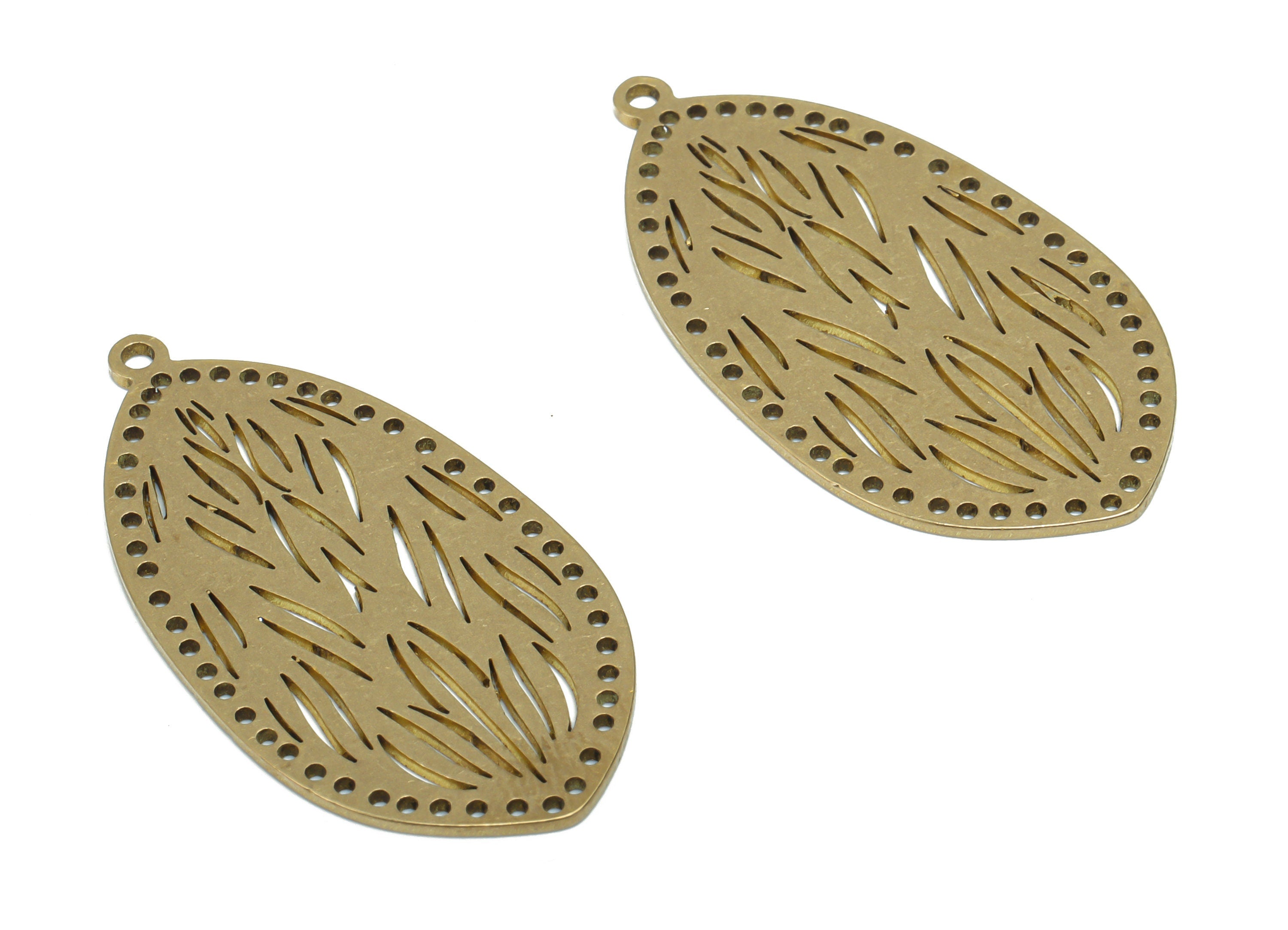 Brass Oval Grass Earring Charms - Raw Brass Beads Grass Oval Pendant - Jewelry Making Supplies - 35.86x18.4x0.78mm - PPA2095 - DOMEDBAZAAR