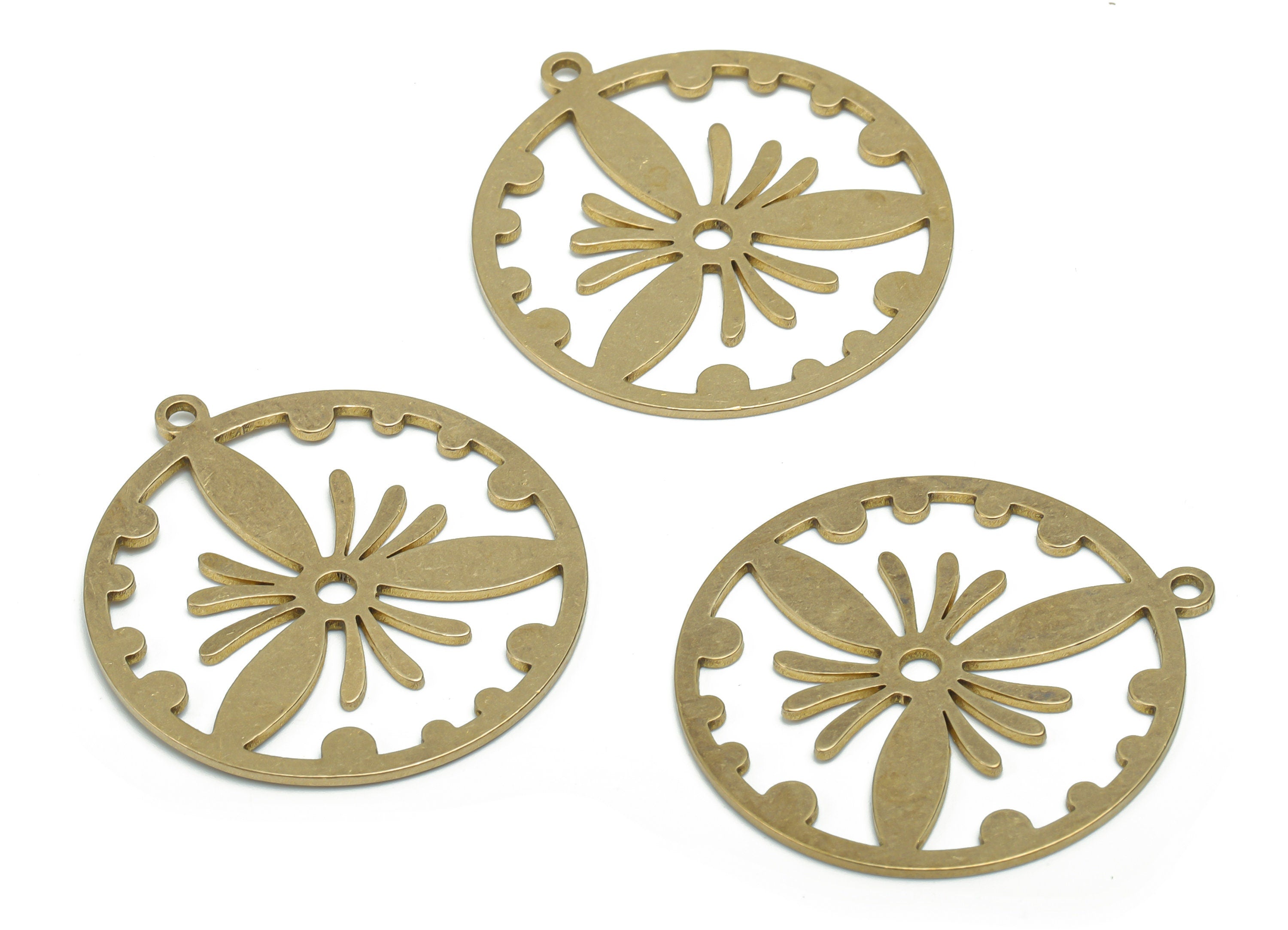 Brass Round Moth Earring Charms - Raw Brass Flower Moth Circle Pendant - Jewelry Making Supplies - 34.77x31.65x0.88mm - PPA1965 - DOMEDBAZAAR