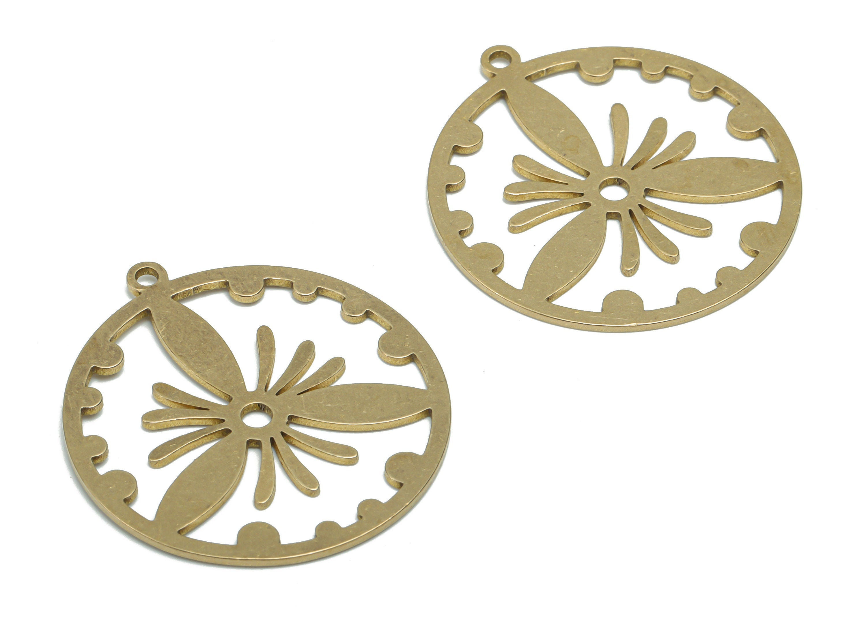 Brass Round Moth Earring Charms - Raw Brass Flower Moth Circle Pendant - Jewelry Making Supplies - 34.77x31.65x0.88mm - PPA1965 - DOMEDBAZAAR