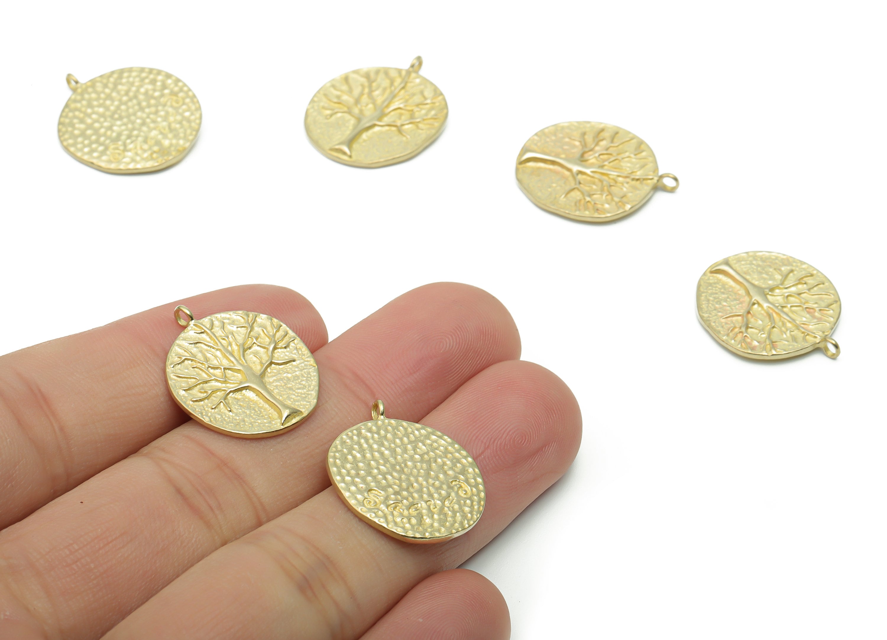 Brass Hammered Round Tree Root Earring Charms - Raw Brass Circle Tree Root Pendant - Jewelry Making Supplies - 22.11x18.56x1.52mm - PP5018 - DOMEDBAZAAR