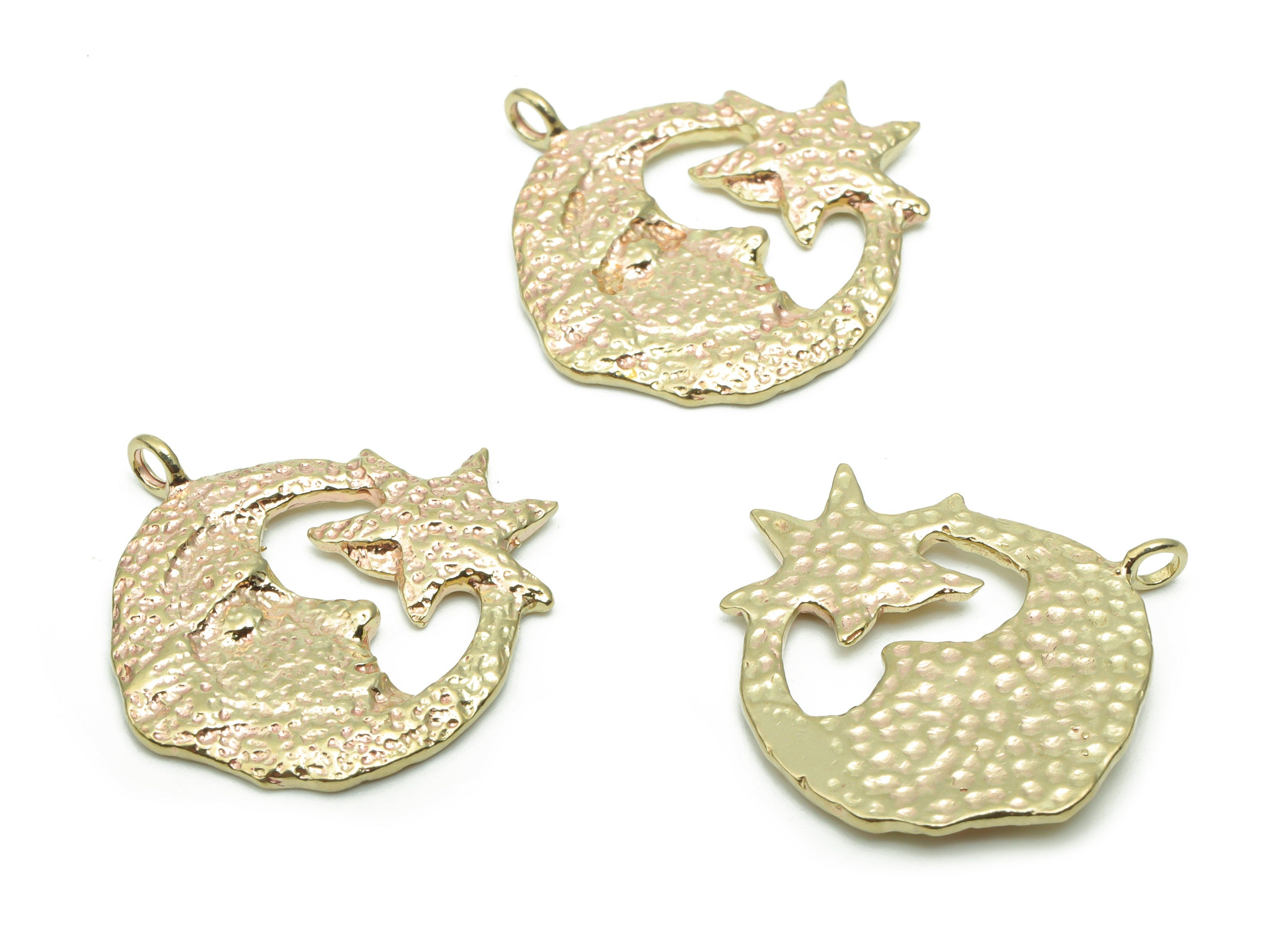 Brass Hammered Moon Face Star Earring Charms - Raw Brass Round Crescent Pendant - Jewelry Making Supplies - 20.03x19.57x1.18mm - PP5068 - DOMEDBAZAAR