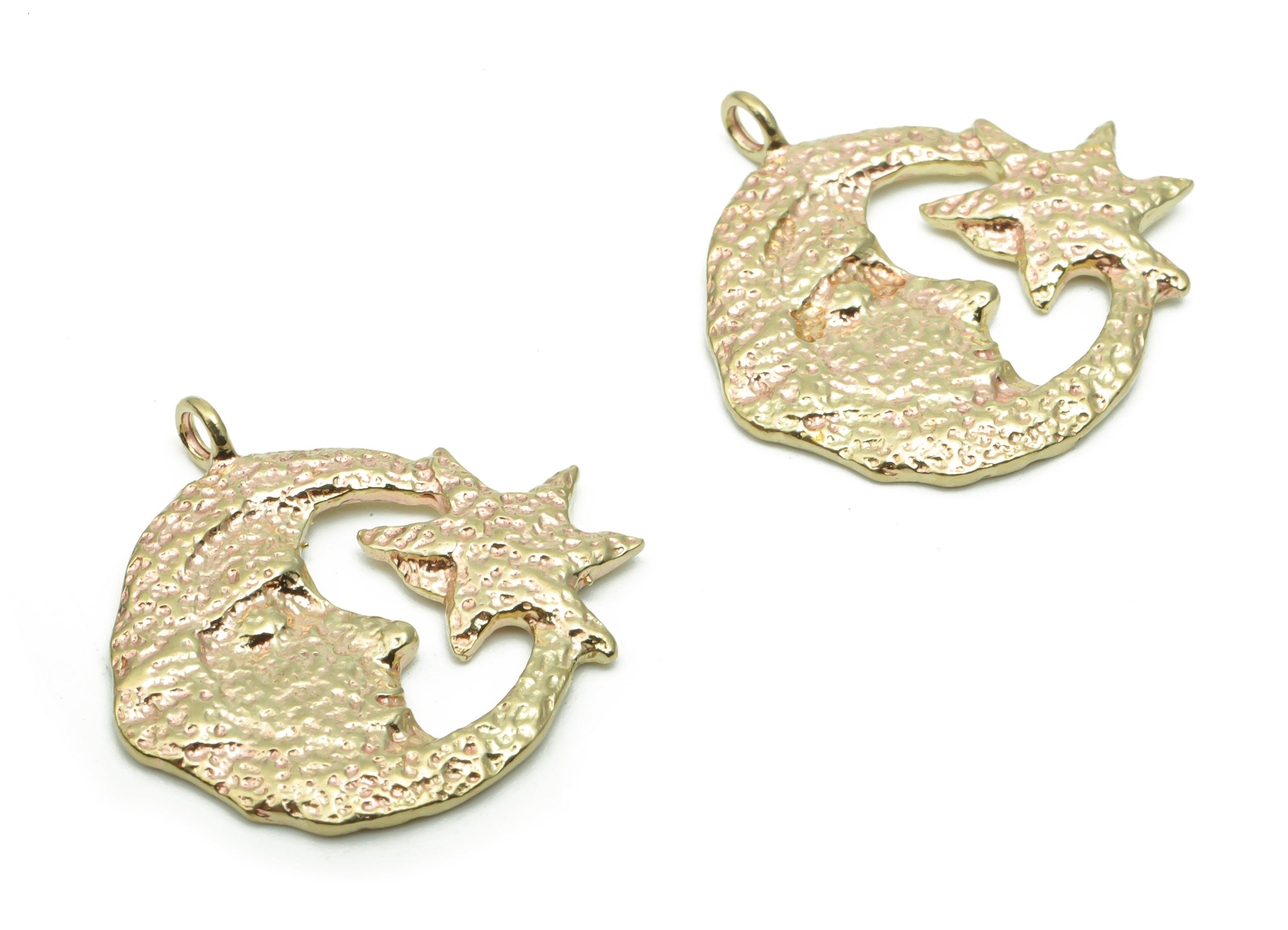 Brass Hammered Moon Face Star Earring Charms - Raw Brass Round Crescent Pendant - Jewelry Making Supplies - 20.03x19.57x1.18mm - PP5068 - DOMEDBAZAAR