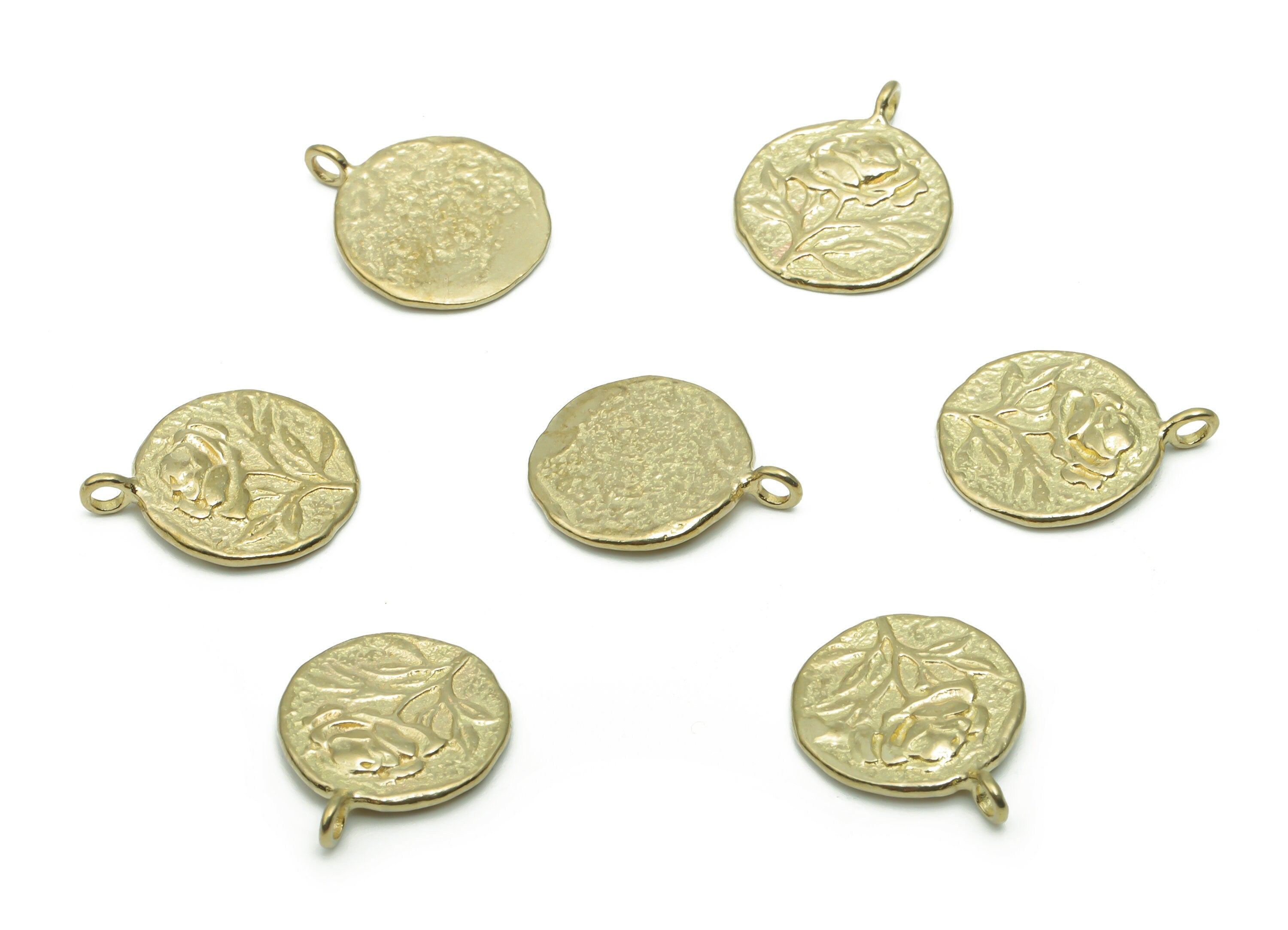 Brass Round Rose Flower Earring Charms - Raw Brass Rose Flower Circle Pendant - DIY Jewelry Making Supplies - 15.52x12.62x1.55mm - PP5017 - DOMEDBAZAAR