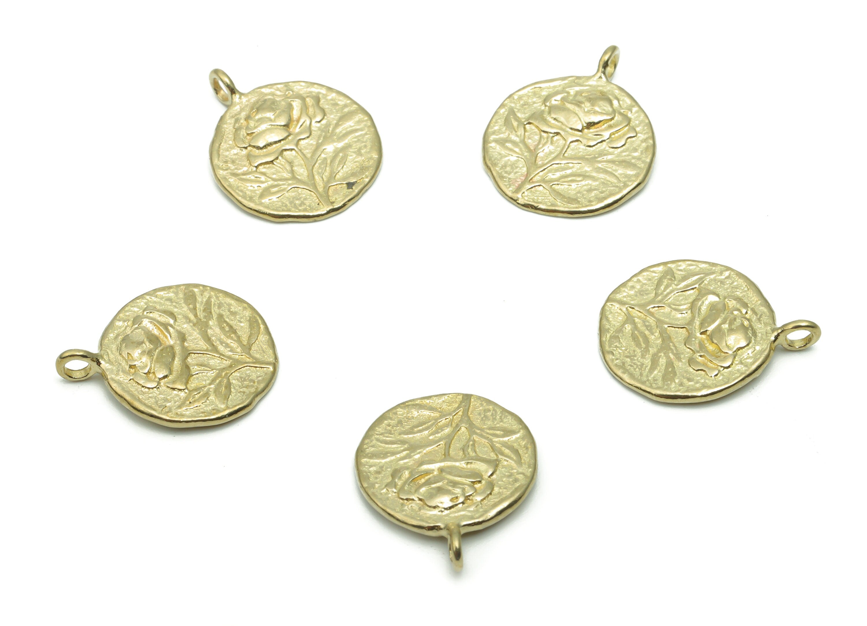 Brass Round Rose Flower Earring Charms - Raw Brass Rose Flower Circle Pendant - DIY Jewelry Making Supplies - 15.52x12.62x1.55mm - PP5017 - DOMEDBAZAAR