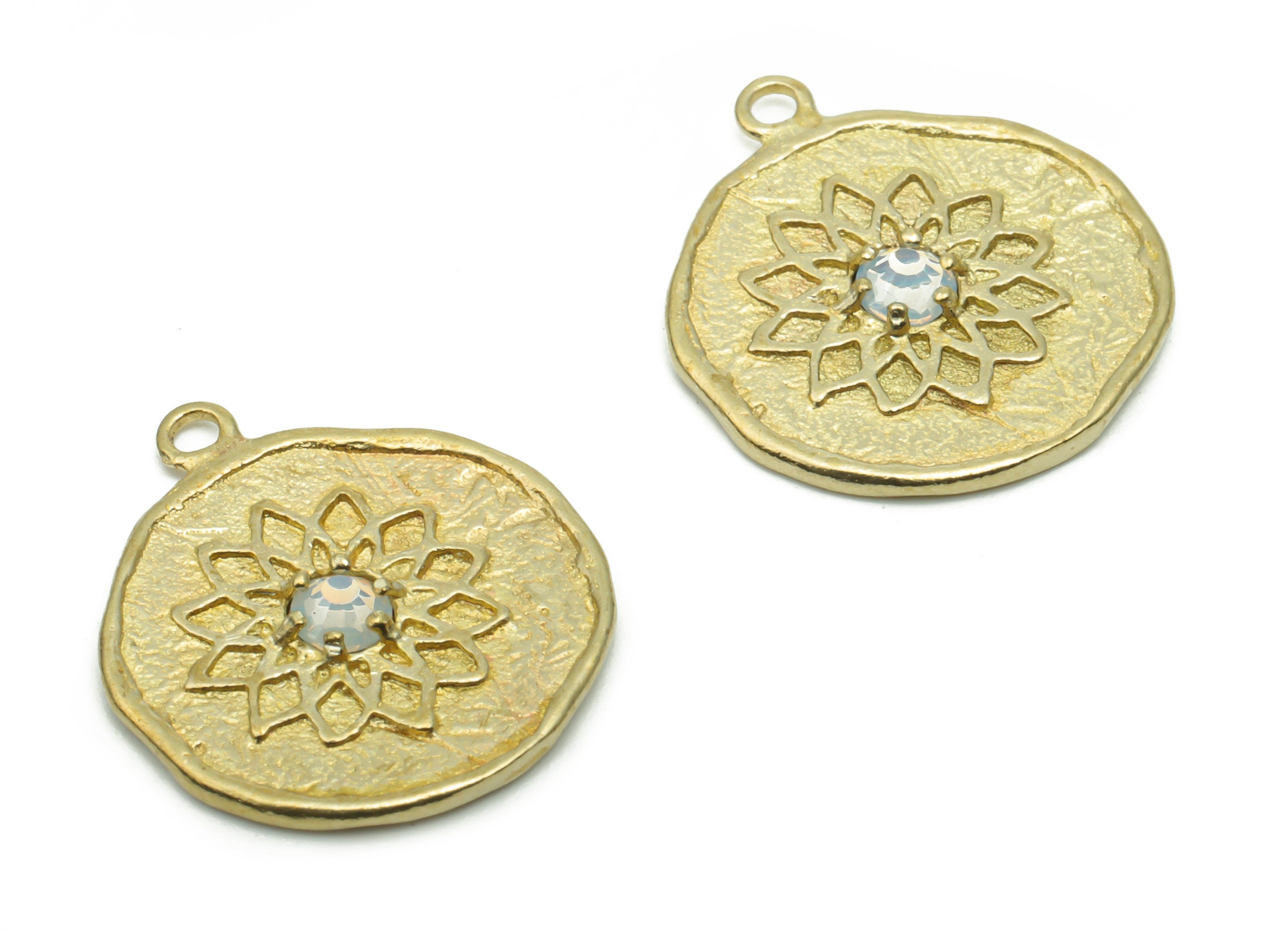 Brass Round Lotus Earring Charms With Zircon - Raw Brass Flower Circle Pendant - Jewelry Making Supplies - 17.91x15.81x2.04mm - PP5011 - DOMEDBAZAAR