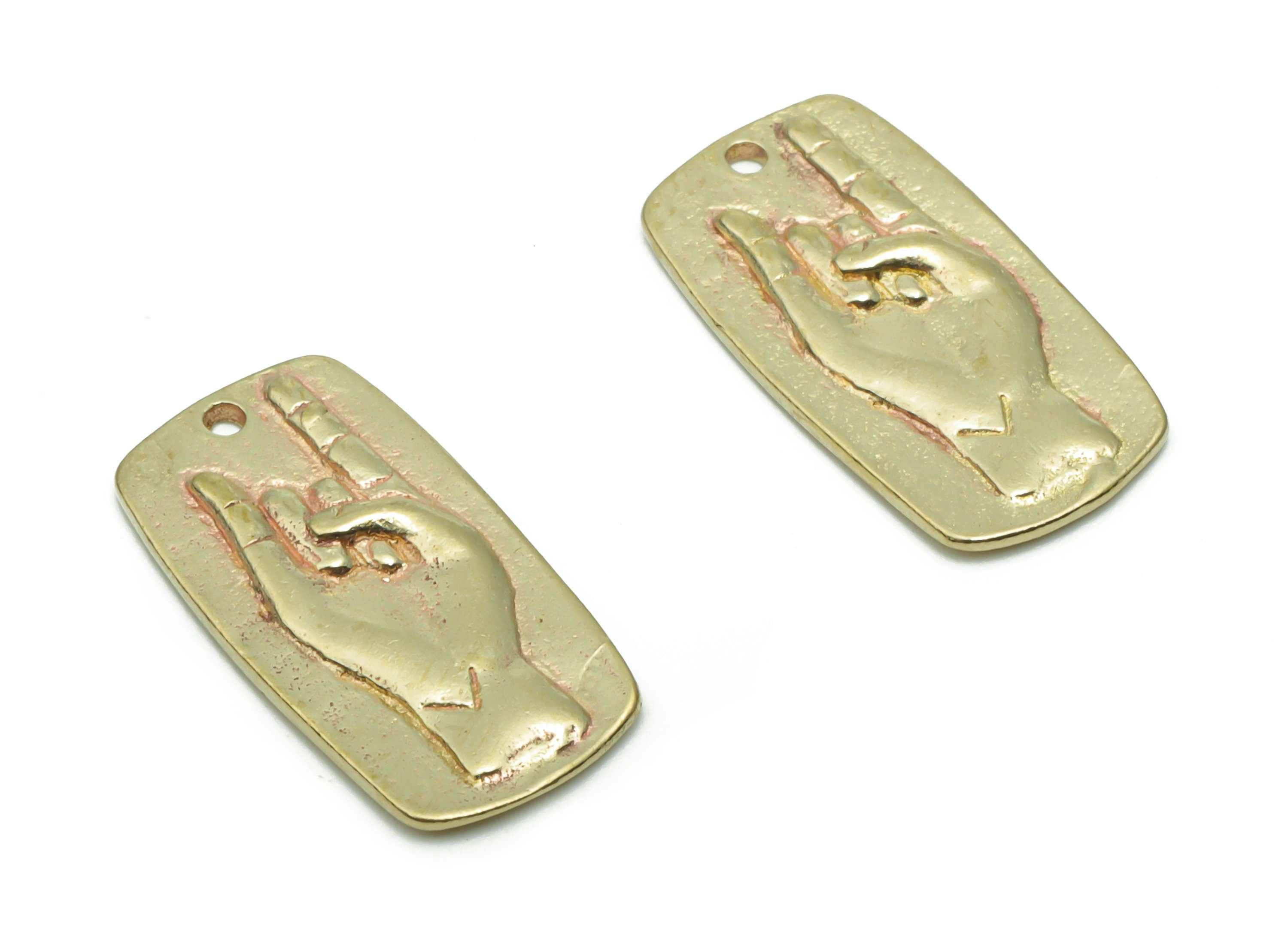 Brass Rectangle Hand Sign Earring Charms - Raw Brass Rectangle Hand Love Pendant - Jewelry Making Supplies - 19.31x1.03x1.47mm - PP5066 - DOMEDBAZAAR