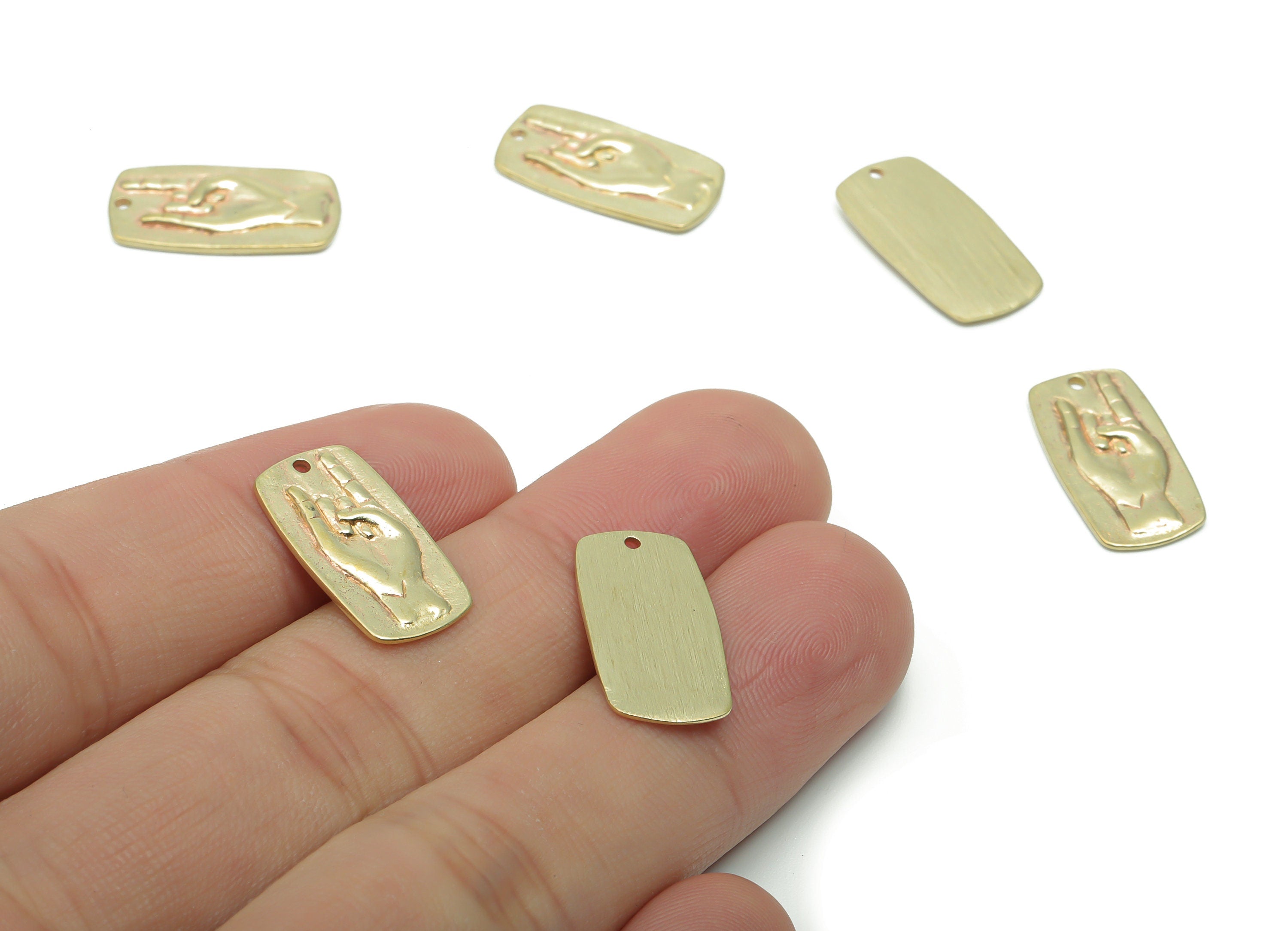 Brass Rectangle Hand Sign Earring Charms - Raw Brass Rectangle Hand Love Pendant - Jewelry Making Supplies - 19.31x1.03x1.47mm - PP5066 - DOMEDBAZAAR