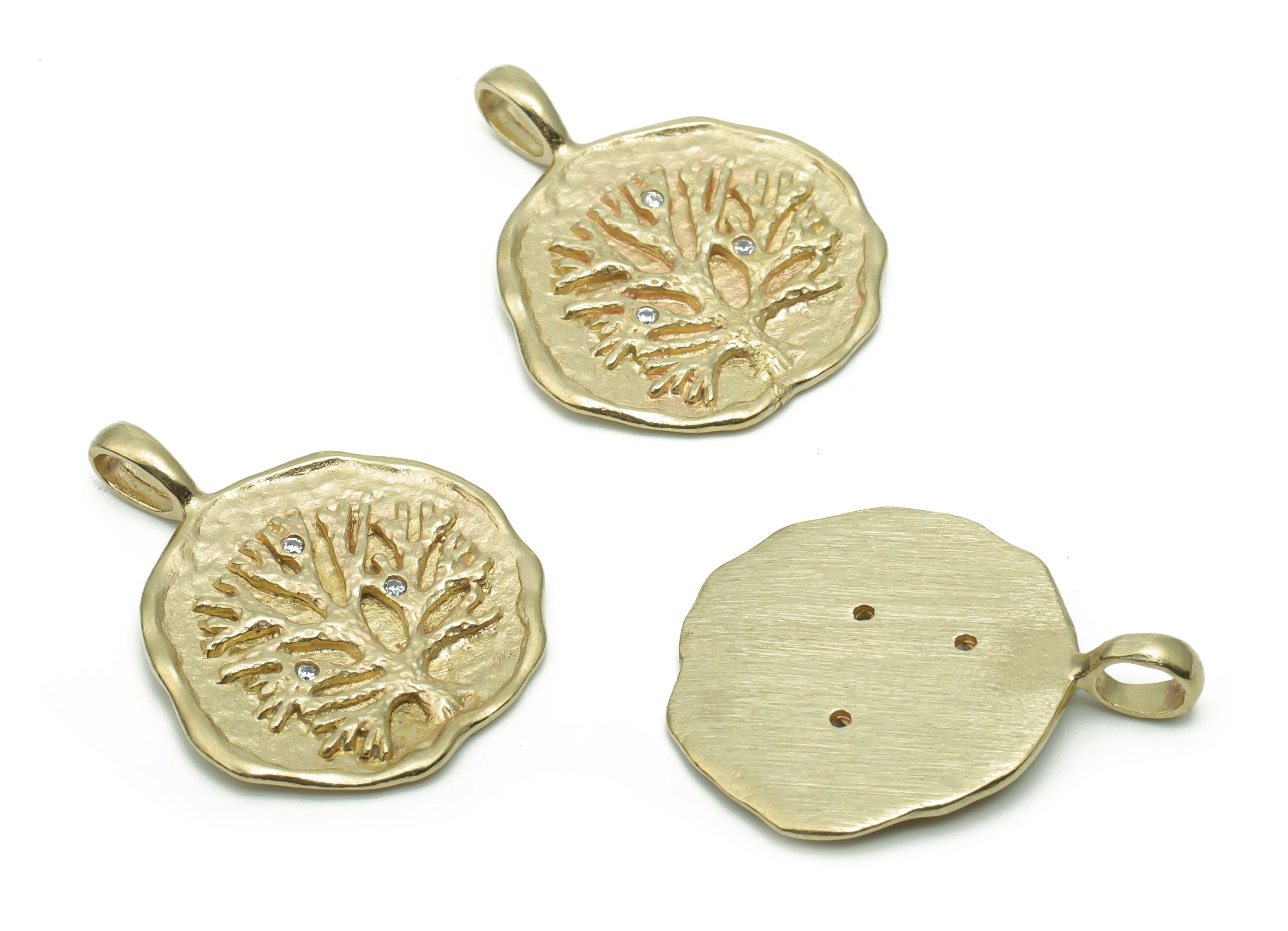Brass Hammered Round Tree Root Earring Charms With Zircons - Raw Brass Circle Tree Root Pendant - Jewelry Supplies - 26.6x21.5x1.7mm -PP5057 - DOMEDBAZAAR