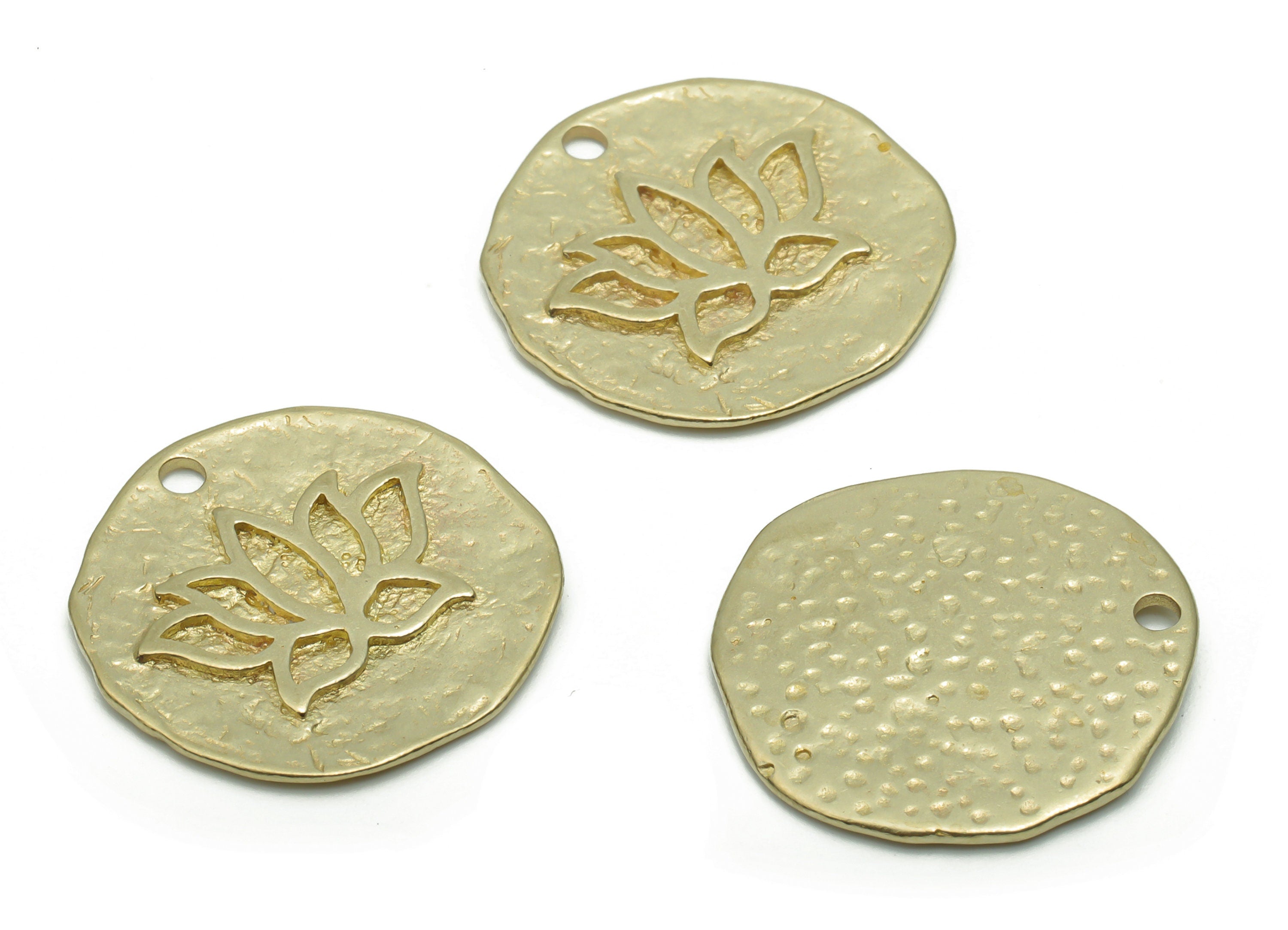 Brass Hammered Round Lotus Earring Charms - Raw Brass Flower Circle Pendant - DIY Jewelry Making Supplies - 20.69x20.56x1.59mm - PP5062 - DOMEDBAZAAR