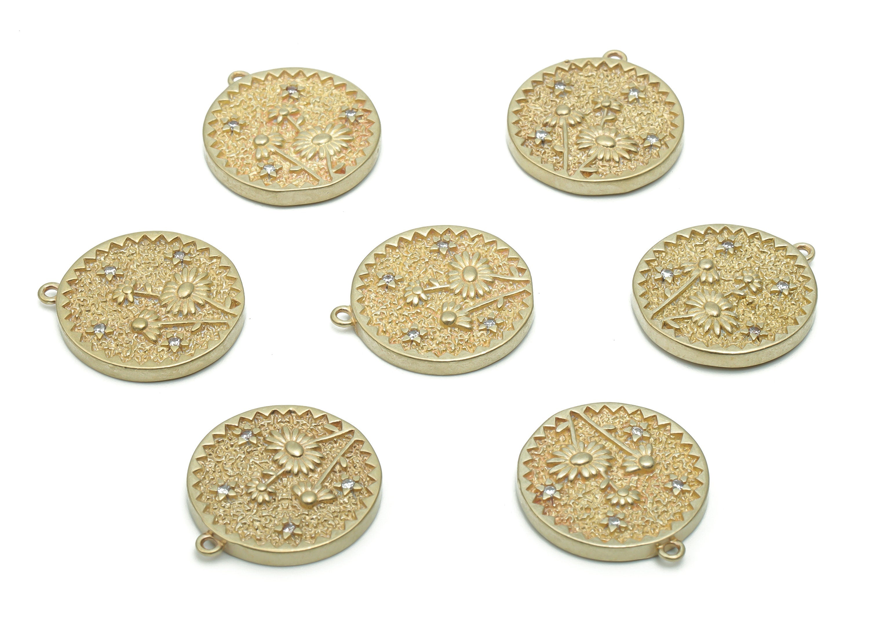 Brass Hammered Round Sunflower Earring Charms With Zircons - Raw Brass Circle Star Pendant - Jewelry Supplies - 19.96x17.63x2.41mm - PP5082 - DOMEDBAZAAR