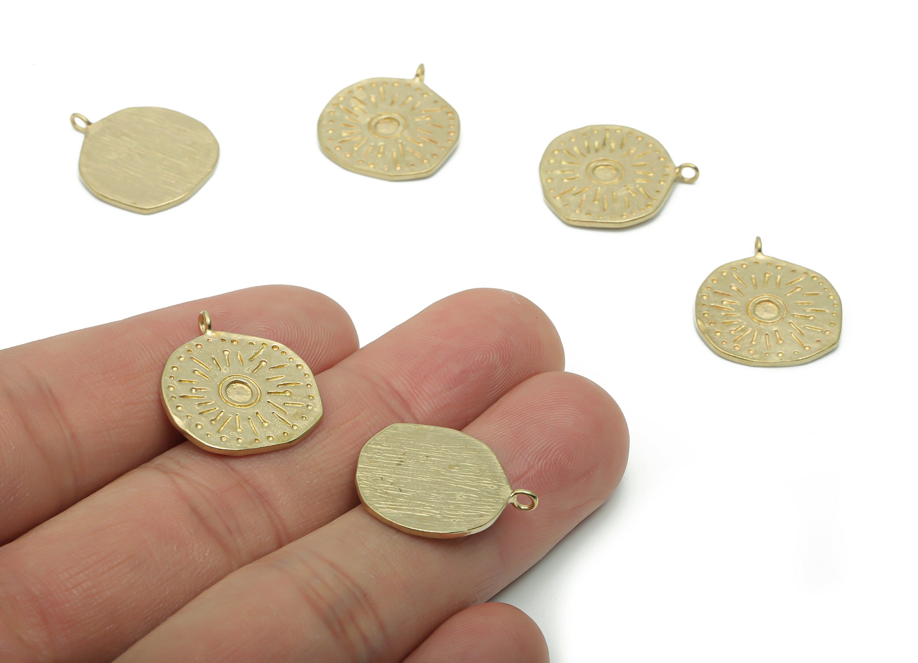 Brass Texture Round Sun Earring Charms - Raw Brass Sun Circle Irregular Pendant - Jewelry Making Supplies - 19.8x17.47x0.97mm - PP5007 - DOMEDBAZAAR