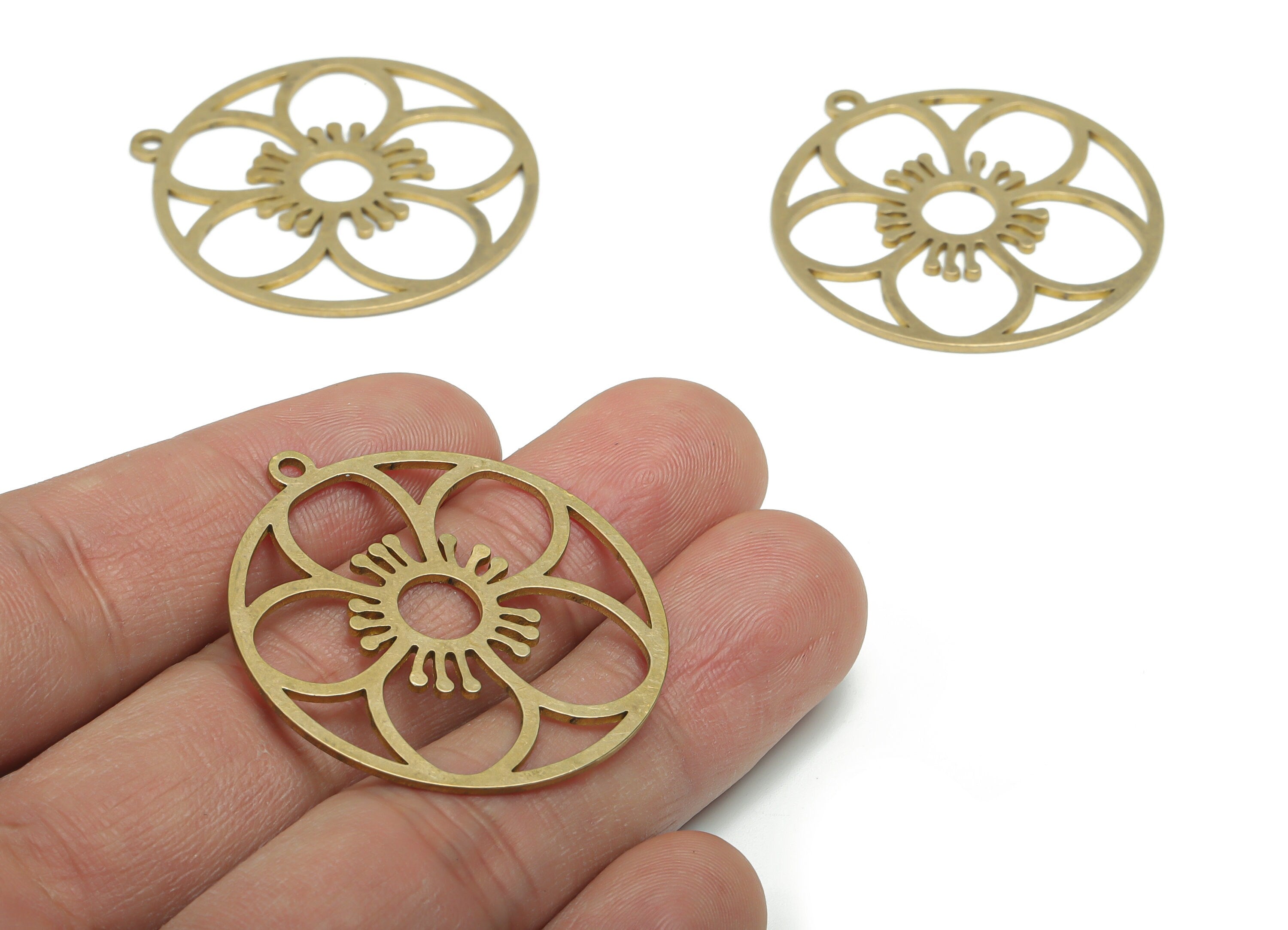 Brass Round Flower Earring Charms - Raw Brass Sun Circle Pendant - Jewelry Making Supplies - 38.12x35.07x0.94mm - PPA1956 - DOMEDBAZAAR