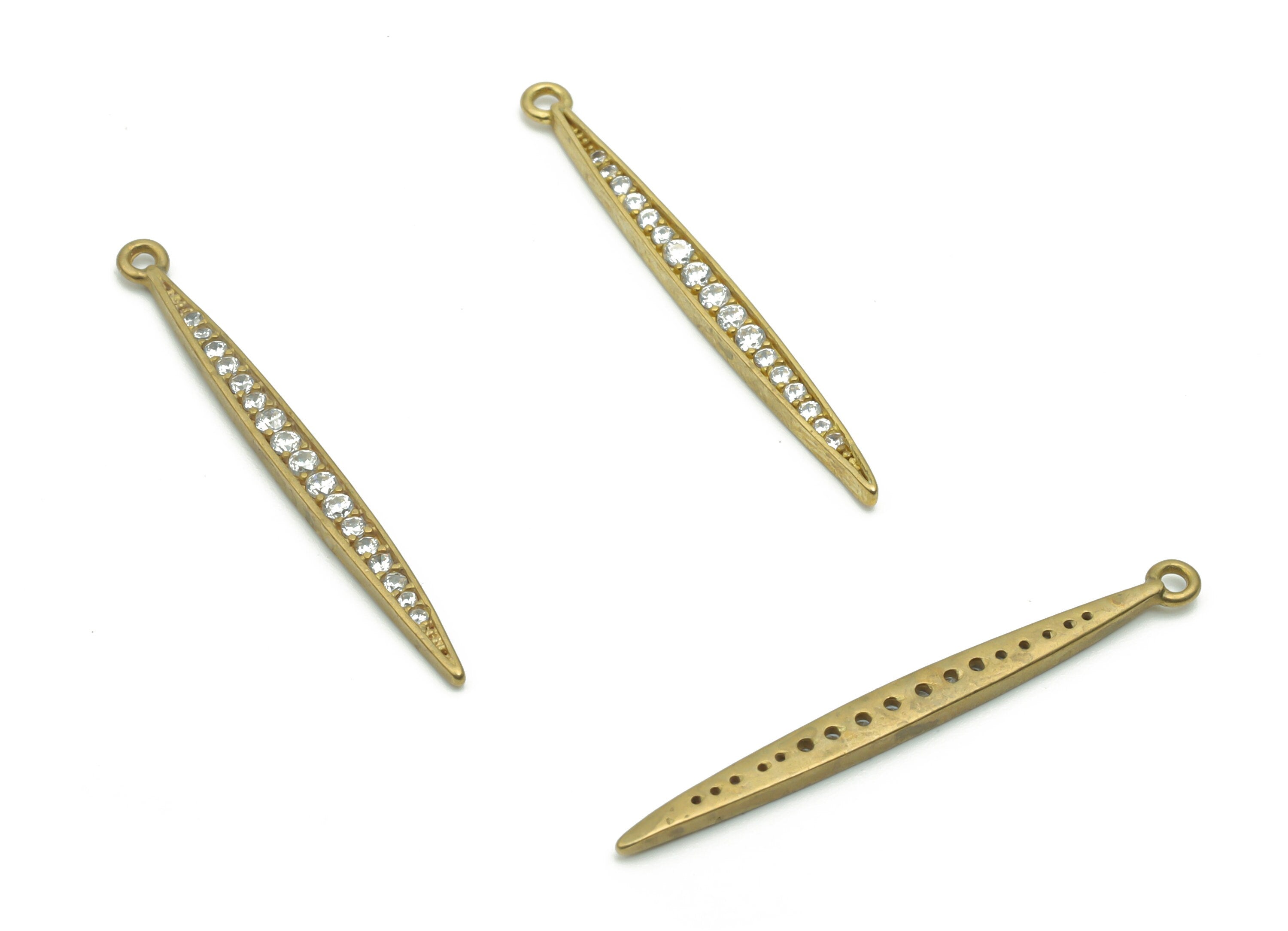 Brass Oval Stick Earring Charms With Zircons - Raw Brass Oval Stick Pendant - Jewelry Making Supplies - 33.58x2.6x1.5mm - PP4986 - DOMEDBAZAAR